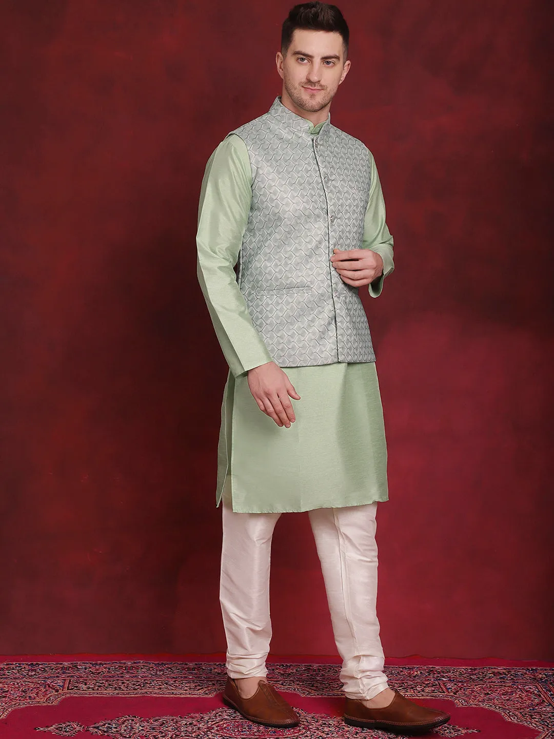 Green Woven Design Nehru Jacket With Kurta Pyjama Set