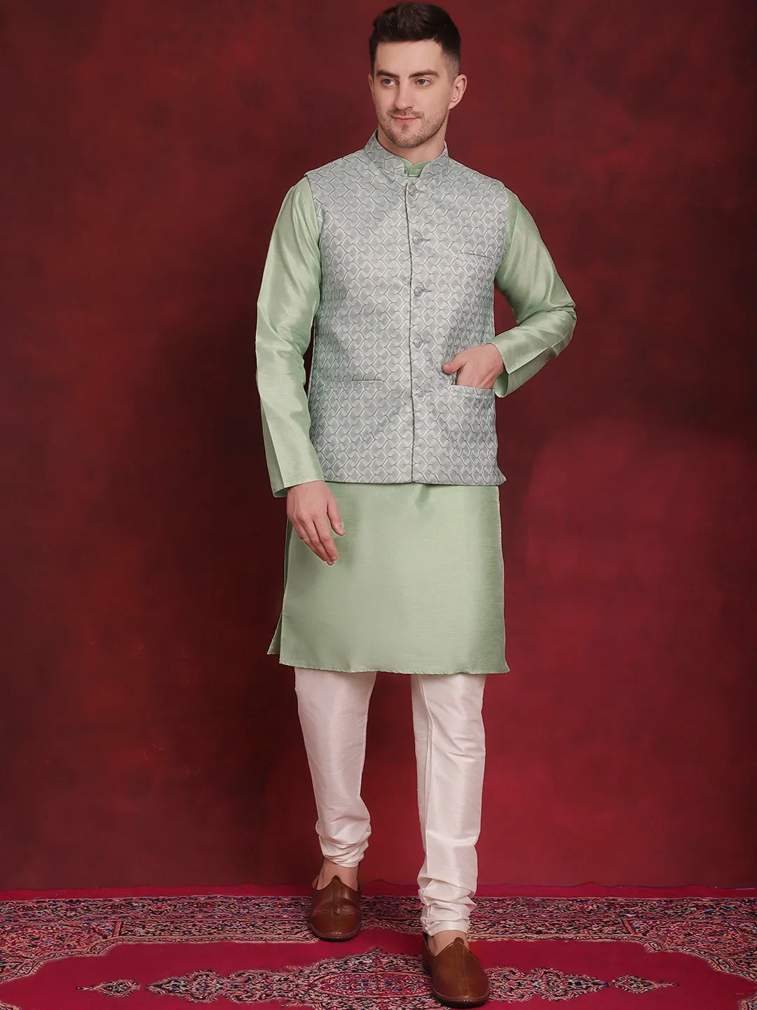 Green Woven Design Nehru Jacket With Kurta Pyjama Set