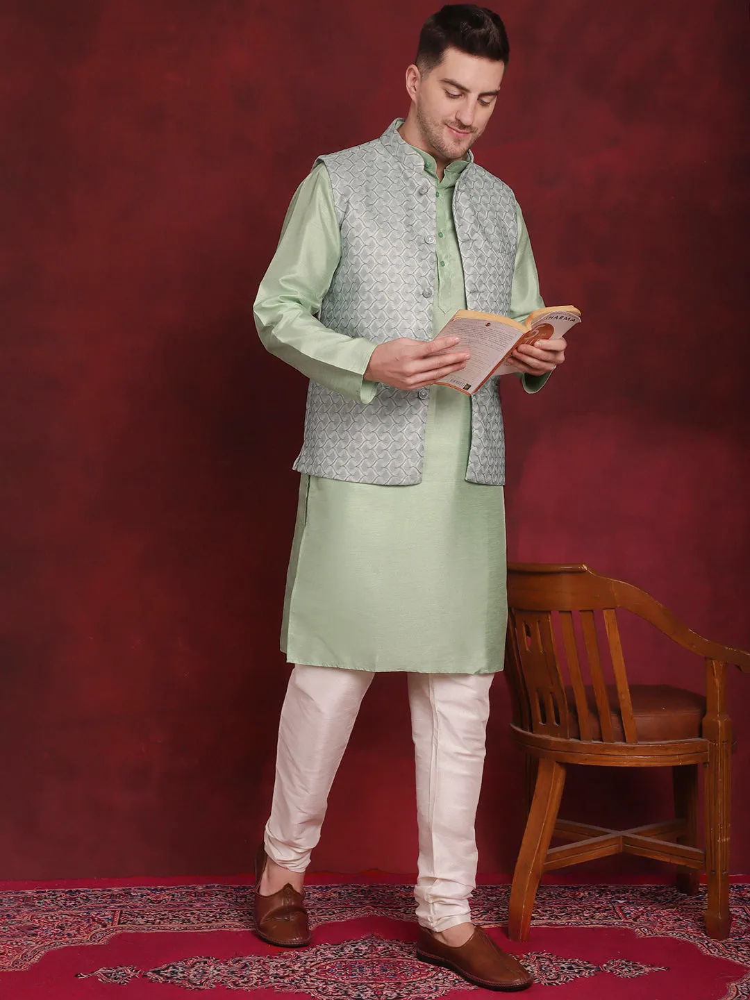 Green Woven Design Nehru Jacket With Kurta Pyjama Set