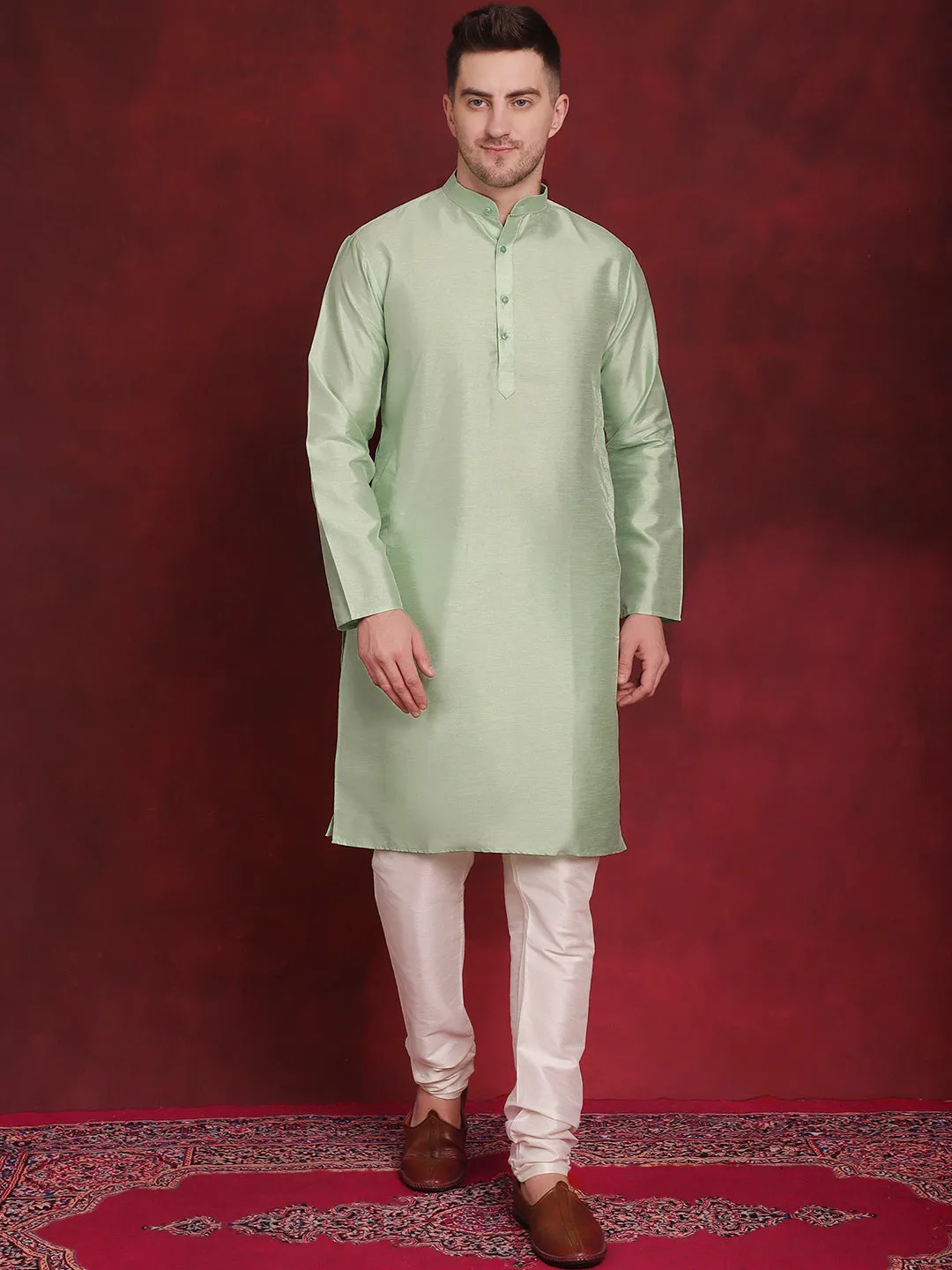 Green Woven Design Nehru Jacket With Kurta Pyjama Set