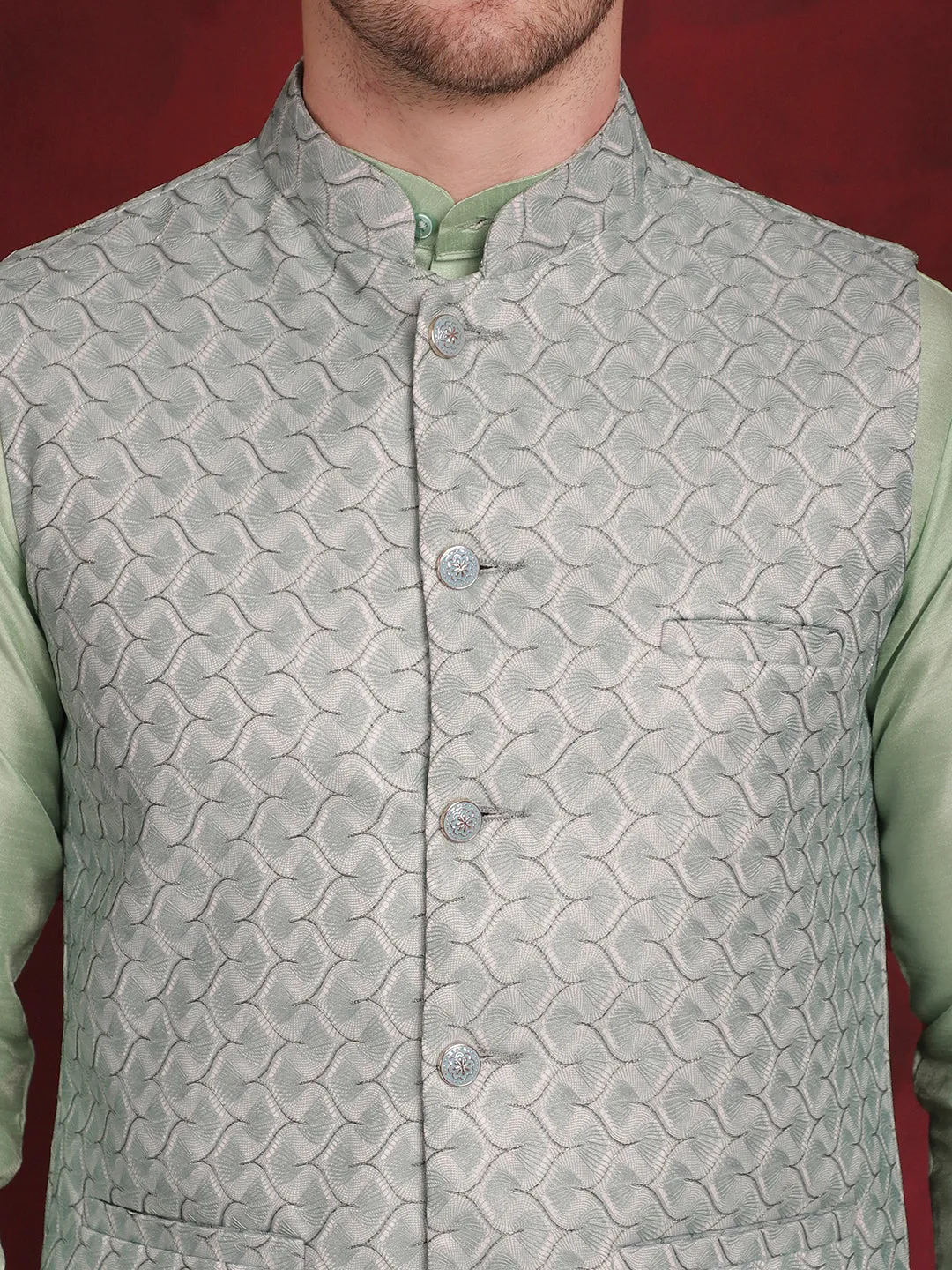 Green Woven Design Nehru Jacket With Kurta Pyjama Set