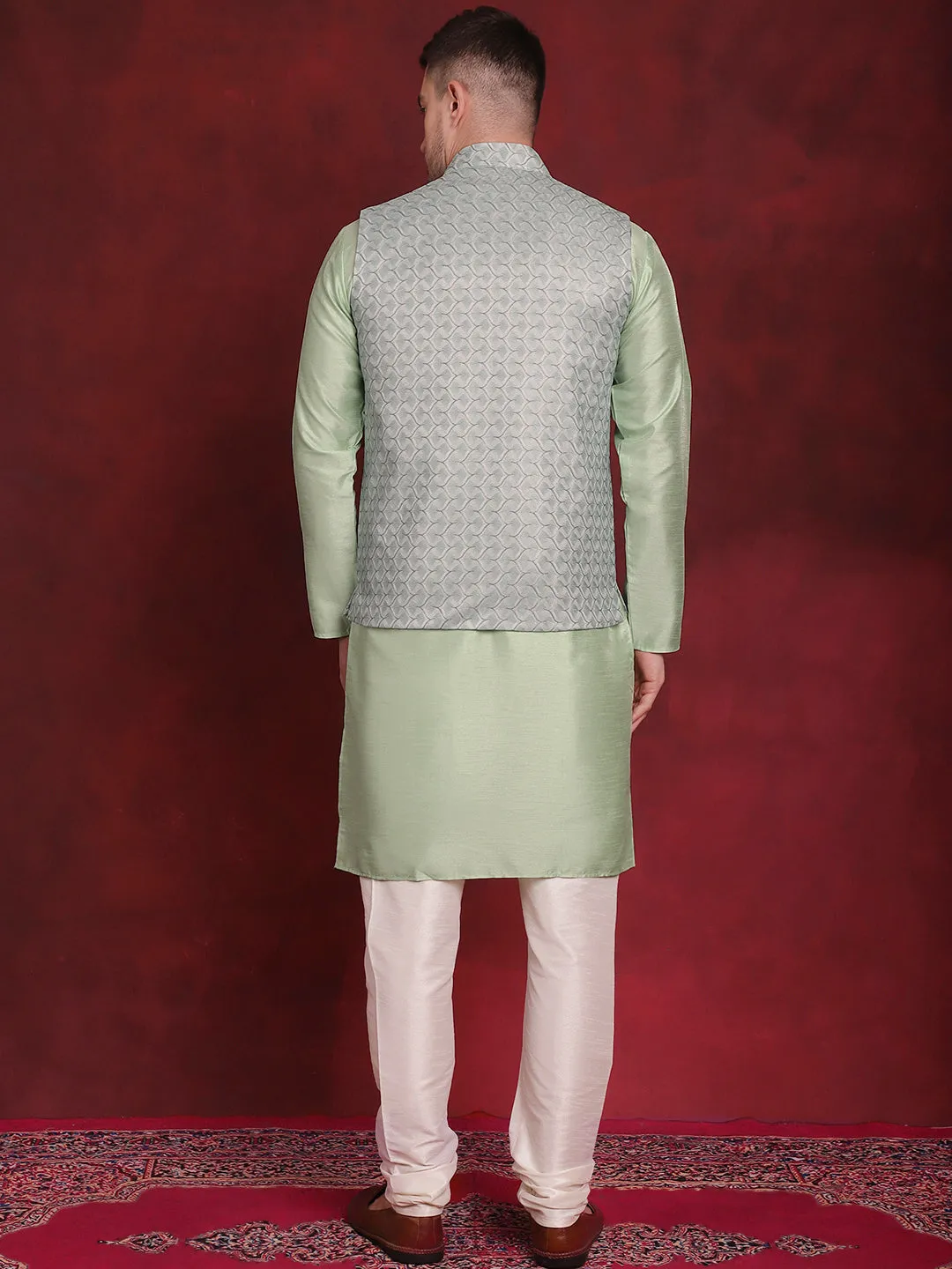 Green Woven Design Nehru Jacket With Kurta Pyjama Set