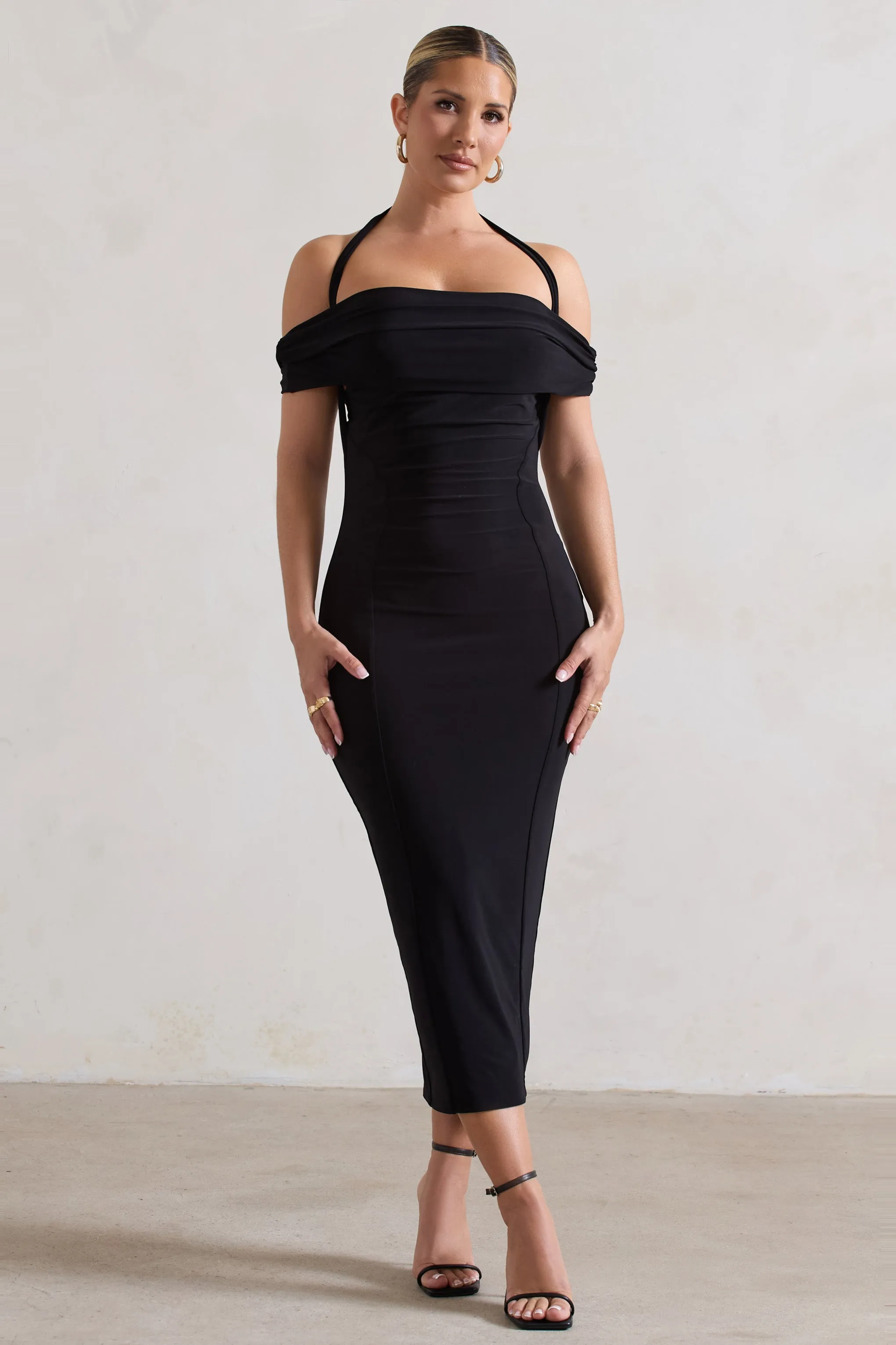 Gwen | Black Bardot Halter-Neck Midi Dress