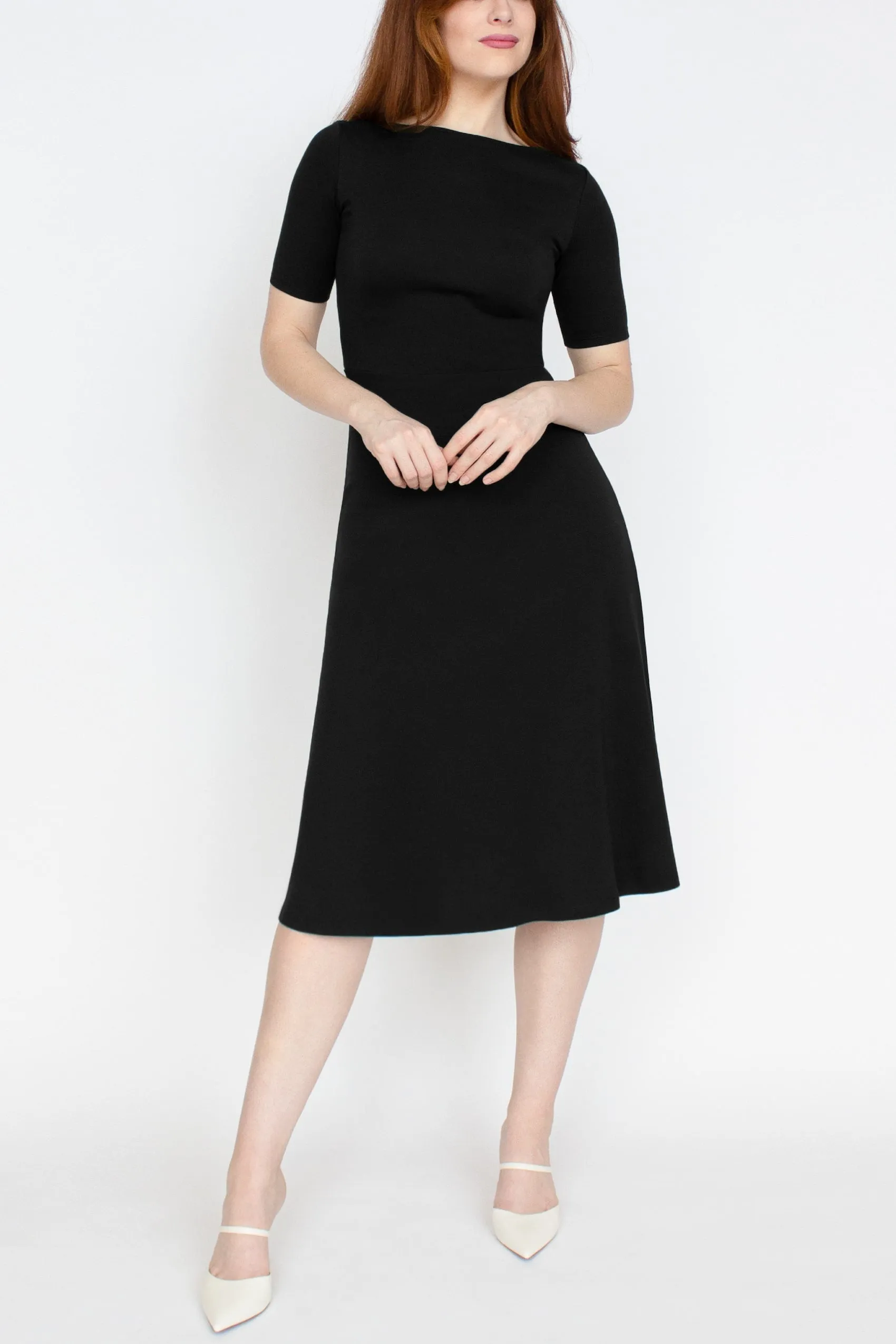 Half Sleeve BCI Cotton Boatneck Mid-calf Flared Dress -- Black