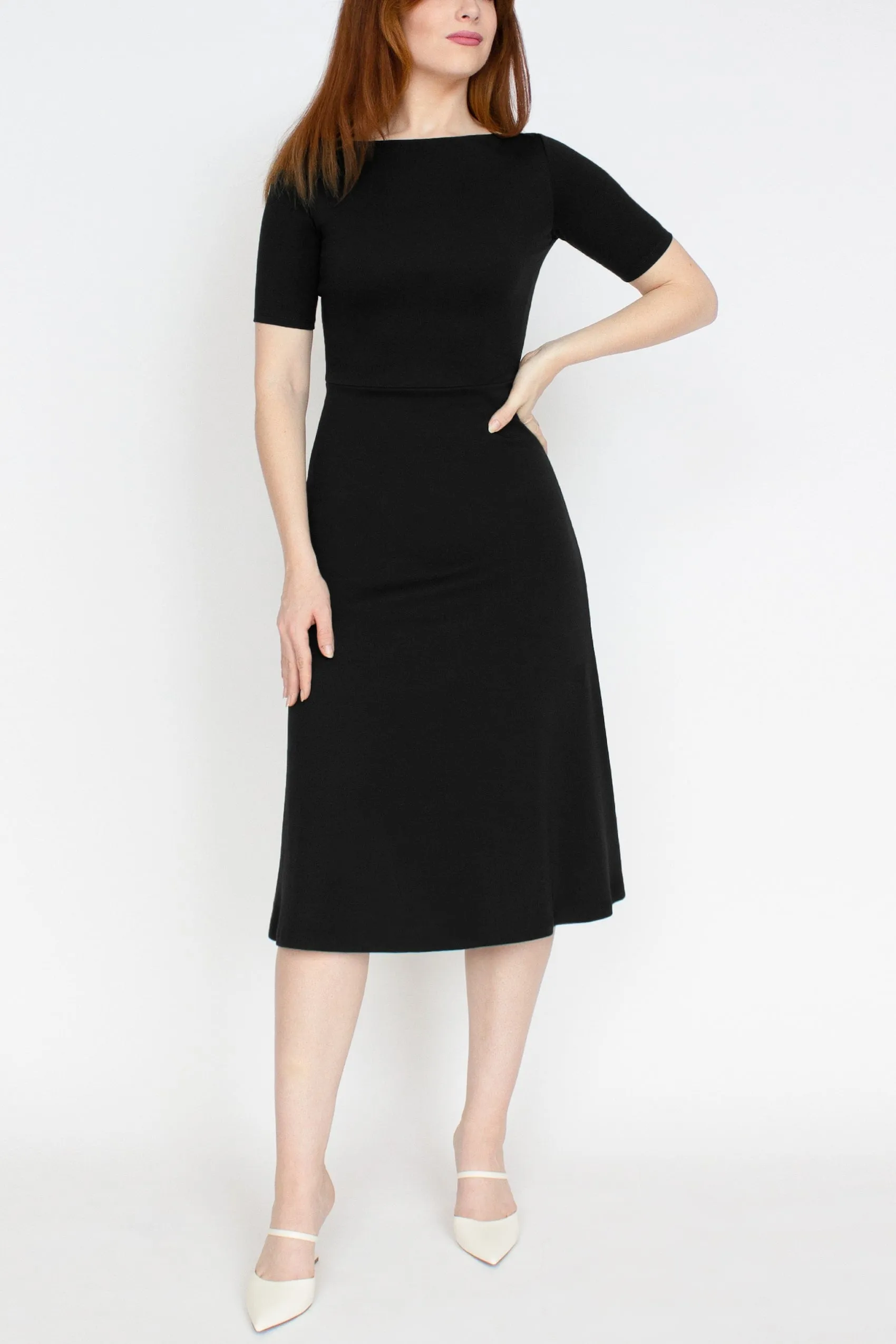 Half Sleeve BCI Cotton Boatneck Mid-calf Flared Dress -- Black