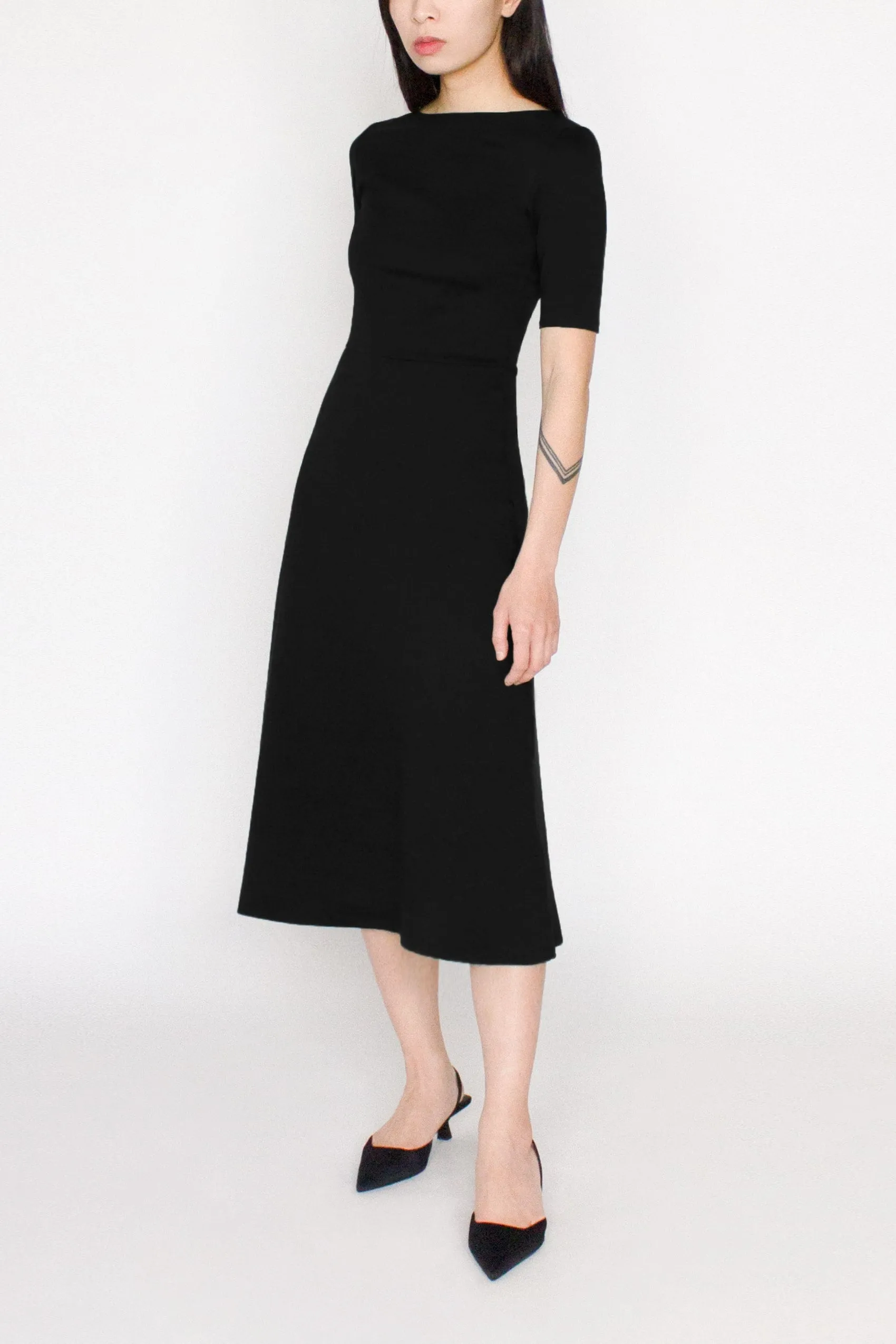 Half Sleeve BCI Cotton Boatneck Mid-calf Flared Dress -- Black