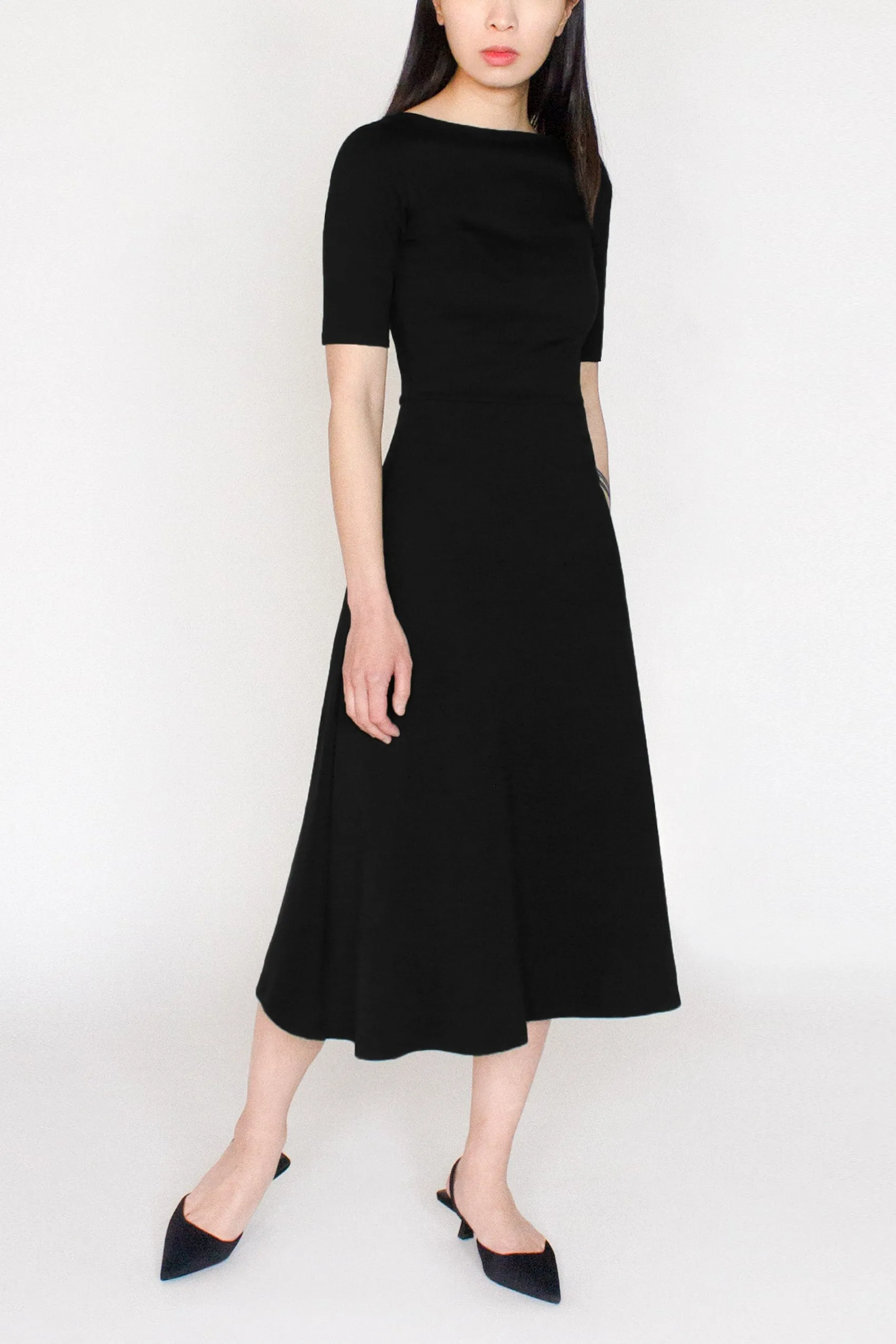 Half Sleeve BCI Cotton Boatneck Mid-calf Flared Dress -- Black