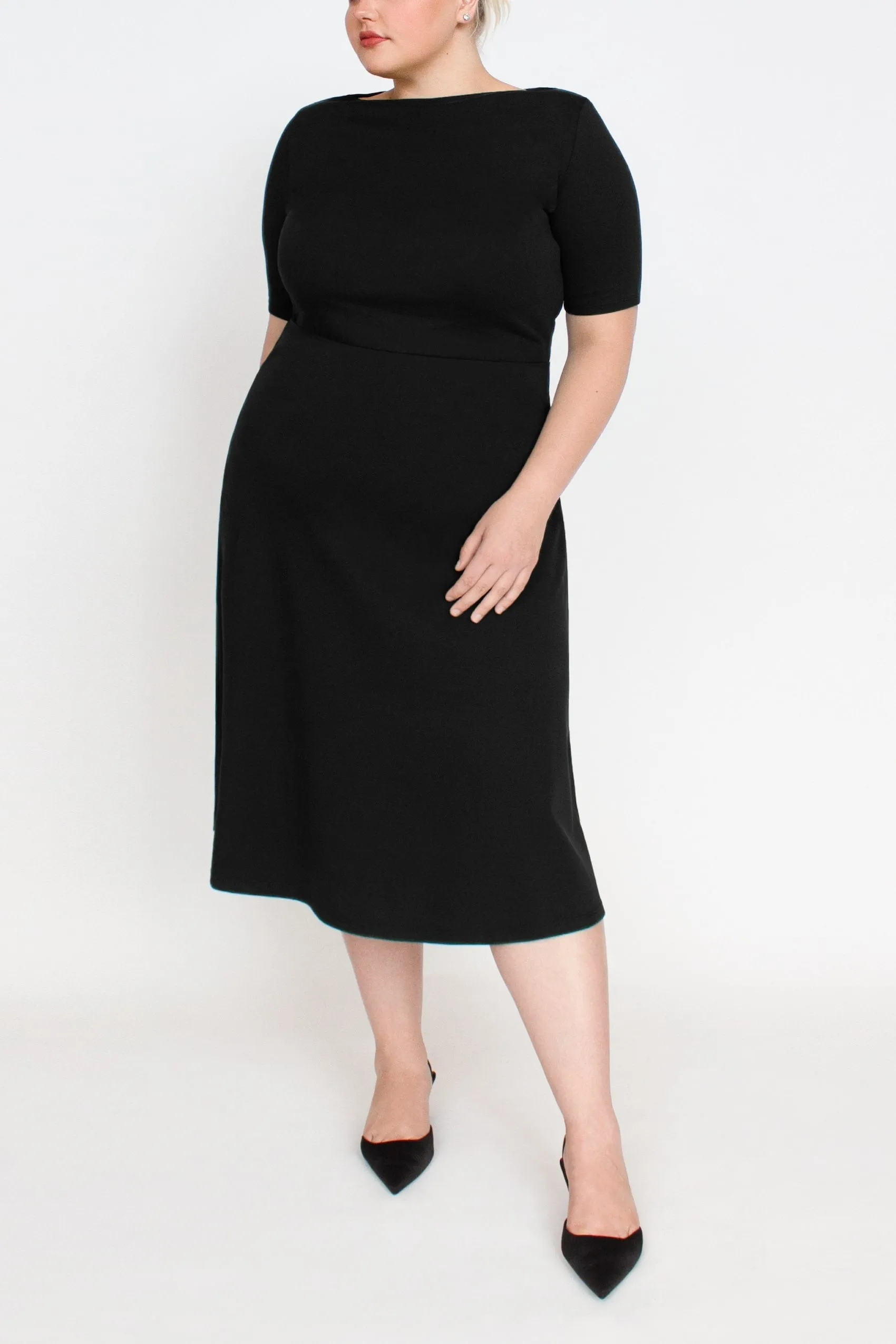 Half Sleeve BCI Cotton Boatneck Mid-calf Flared Dress -- Black