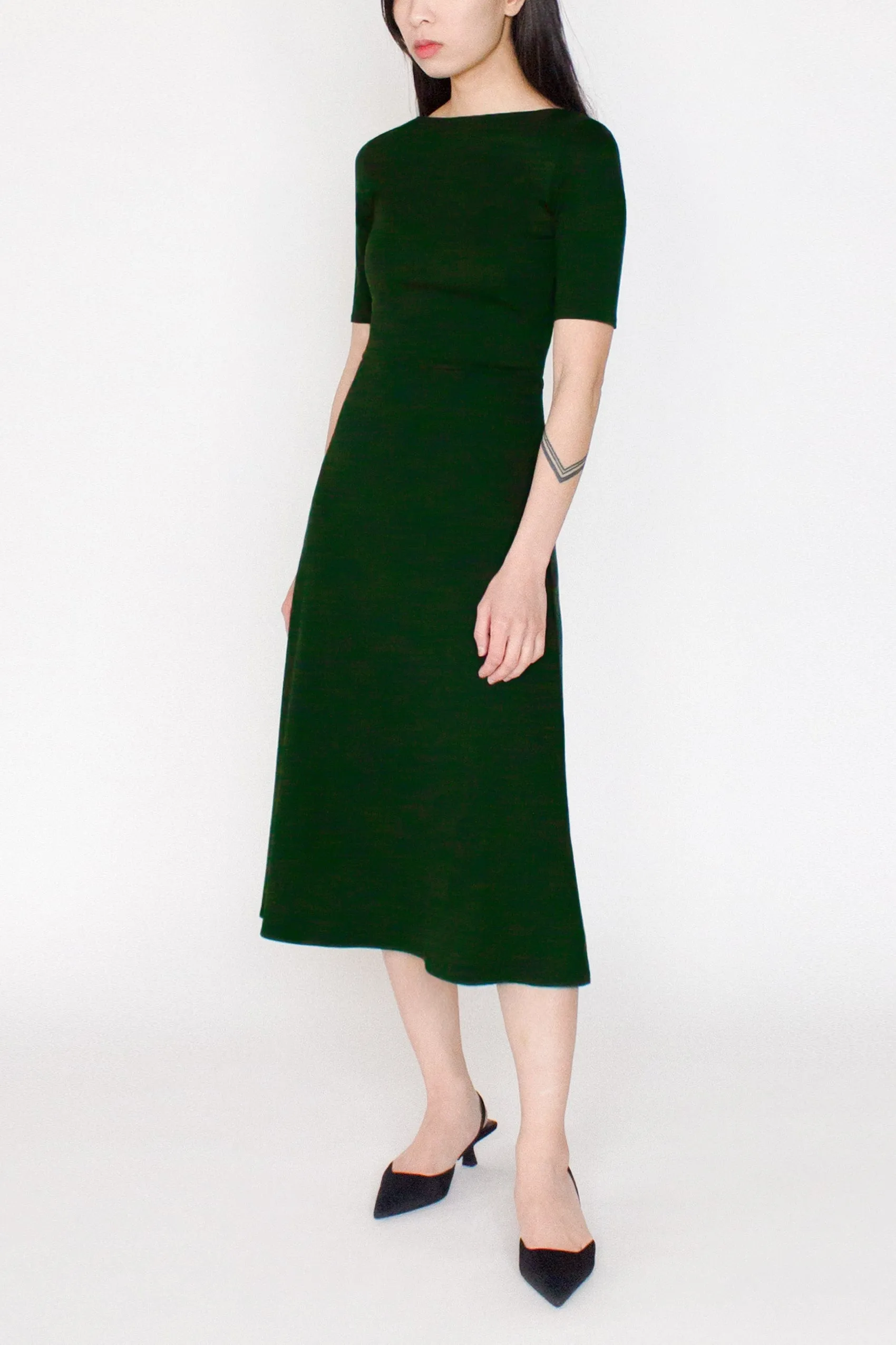 Half Sleeve BCI Cotton Boatneck Mid-calf Flared Dress -- Forest Green