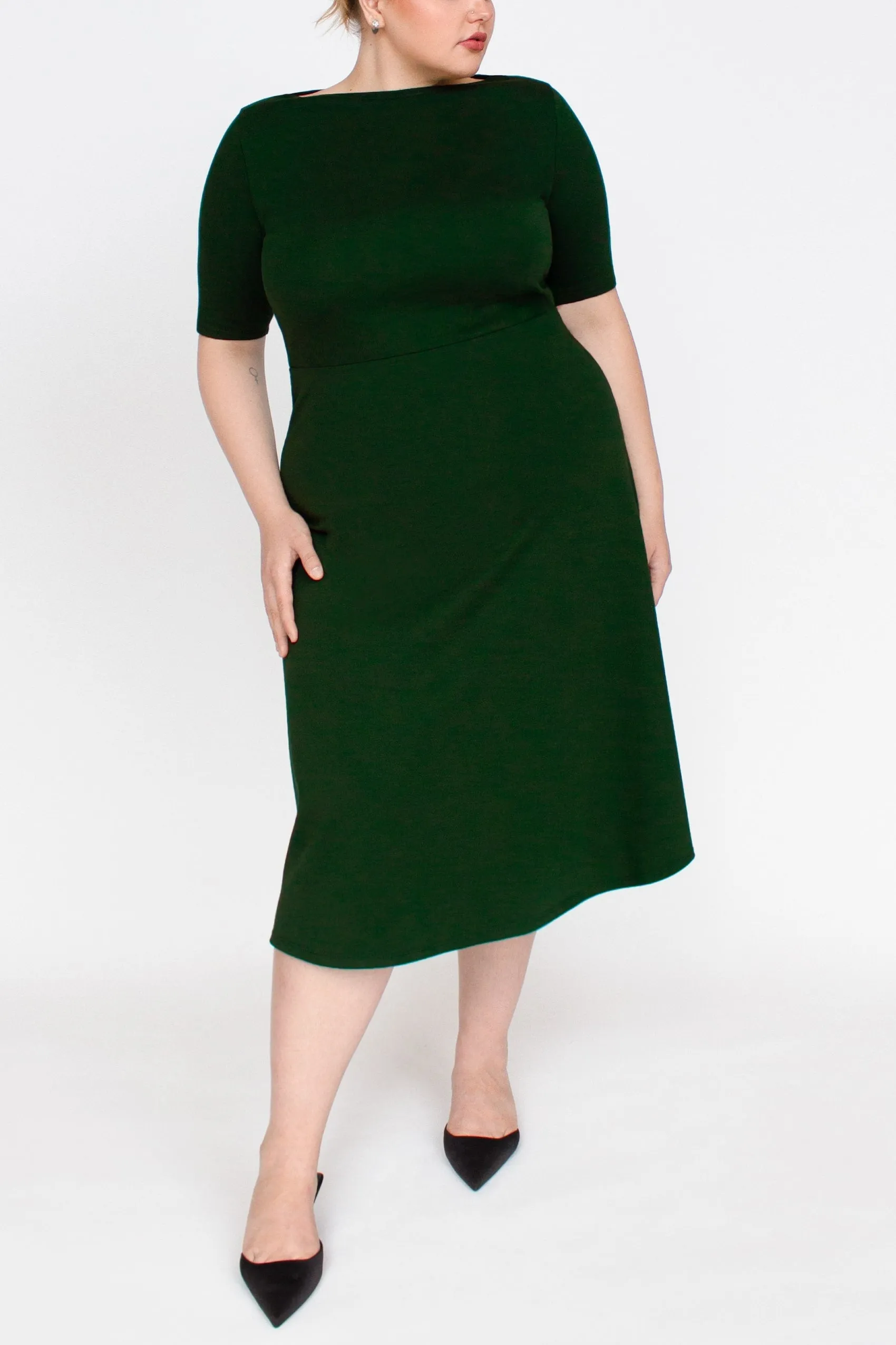 Half Sleeve BCI Cotton Boatneck Mid-calf Flared Dress -- Forest Green