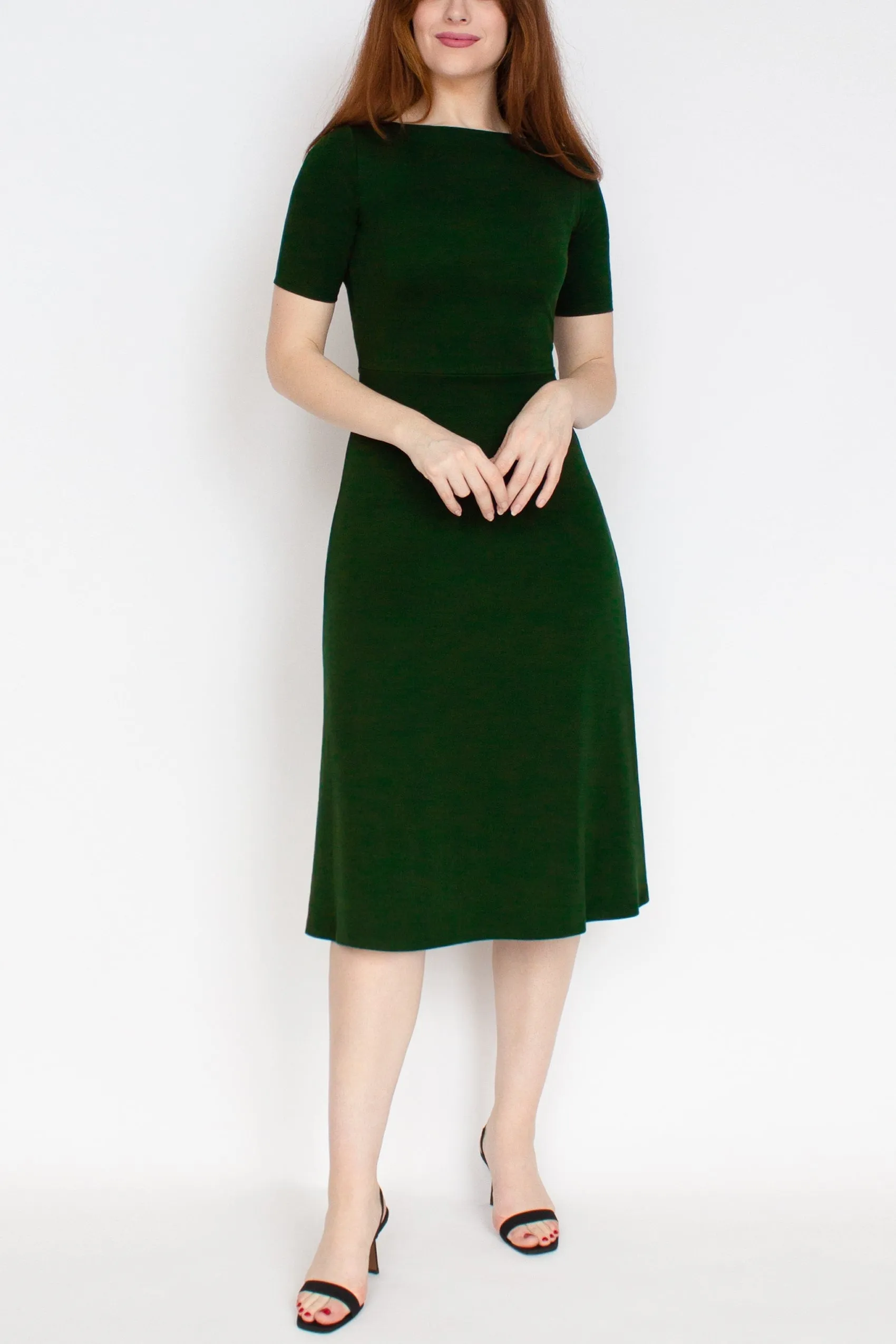 Half Sleeve BCI Cotton Boatneck Mid-calf Flared Dress -- Forest Green