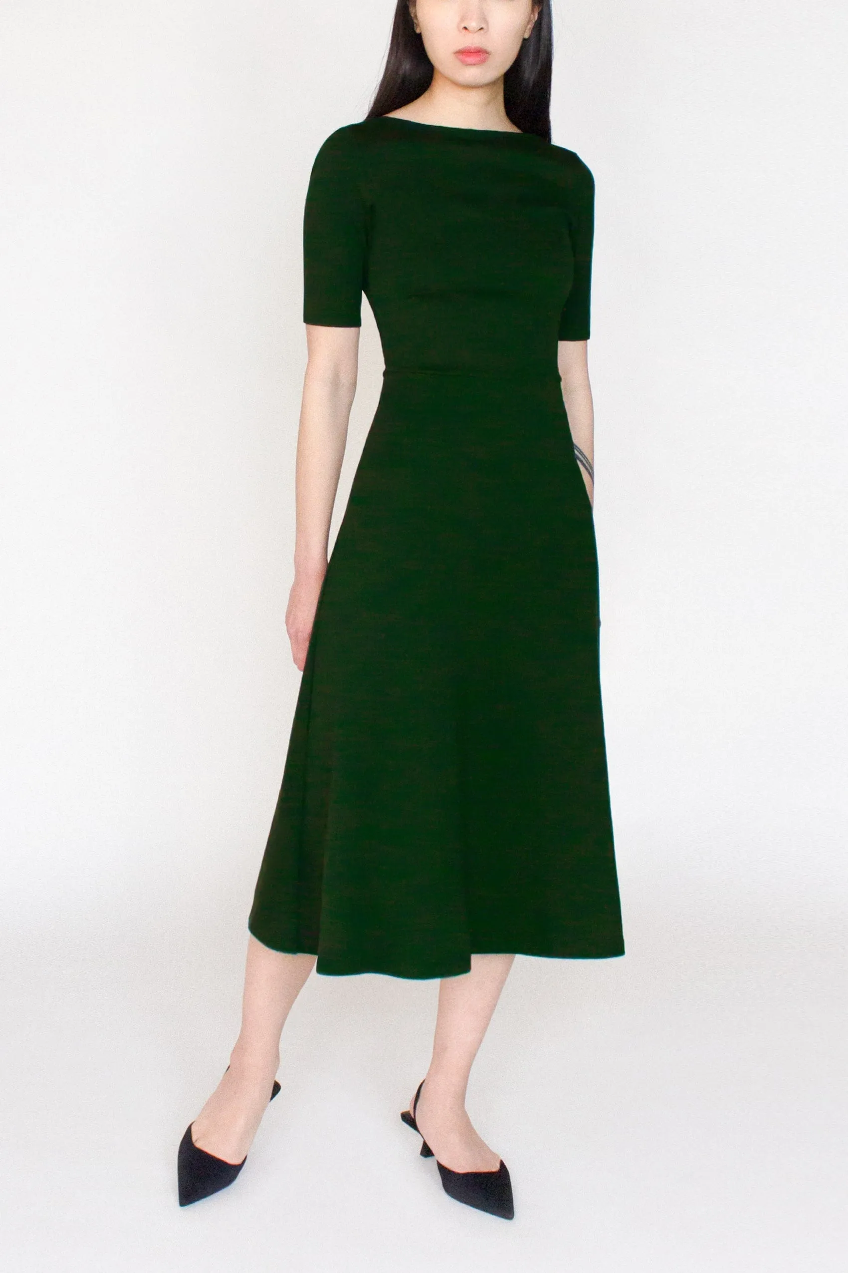 Half Sleeve BCI Cotton Boatneck Mid-calf Flared Dress -- Forest Green