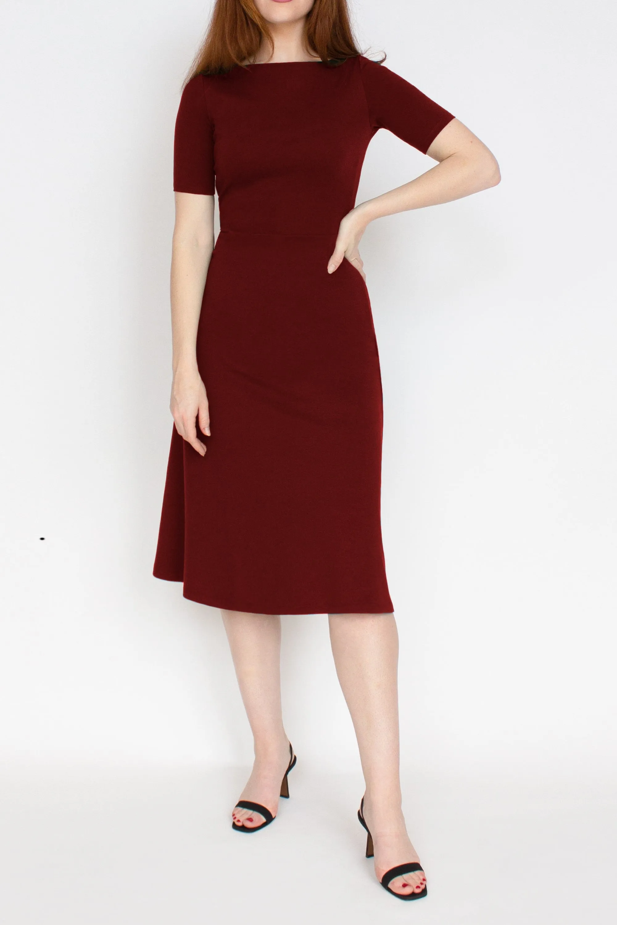 Half Sleeve BCI Cotton Boatneck Mid-calf Flared Dress -- Wine Red