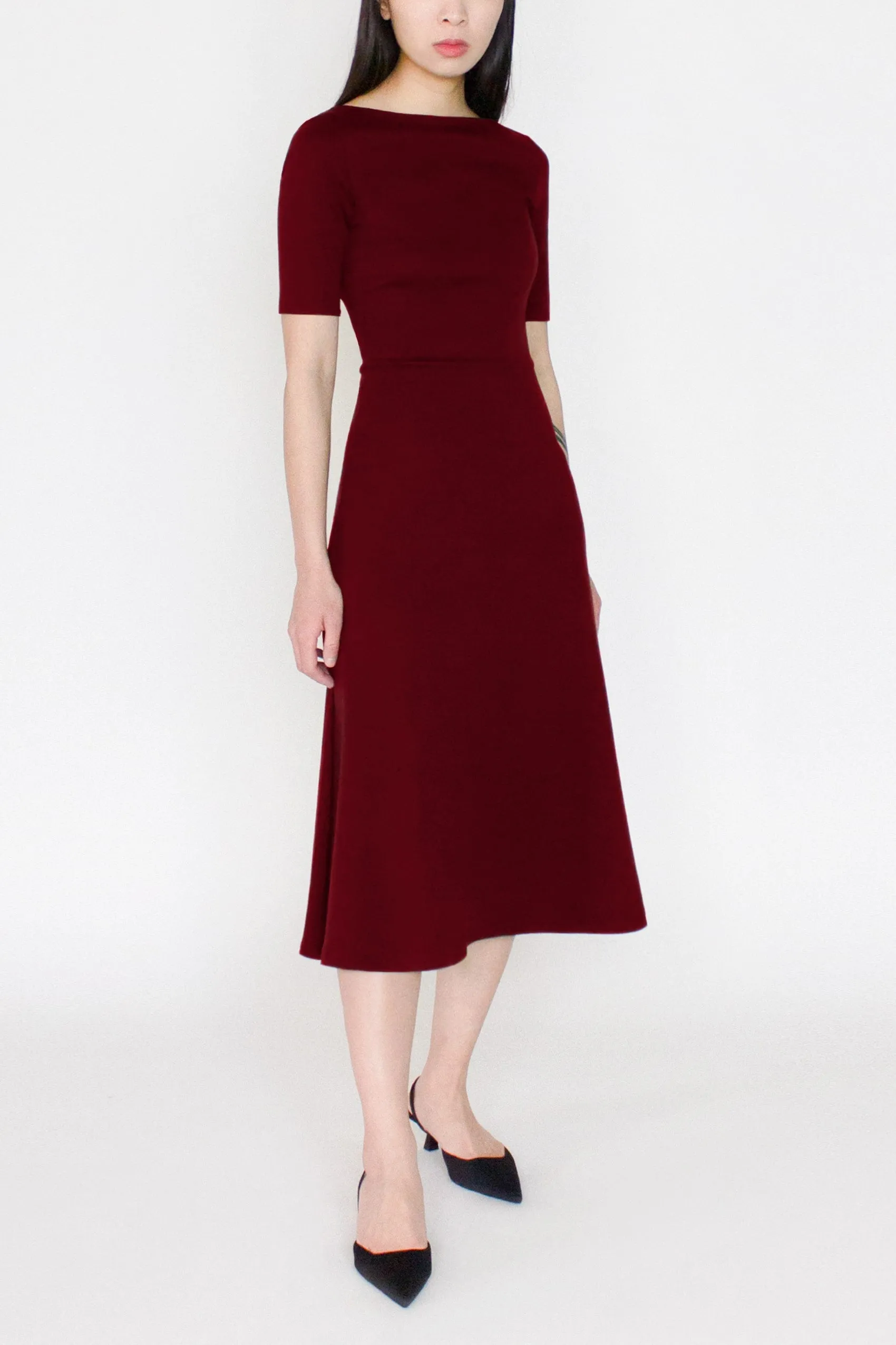 Half Sleeve BCI Cotton Boatneck Mid-calf Flared Dress -- Wine Red