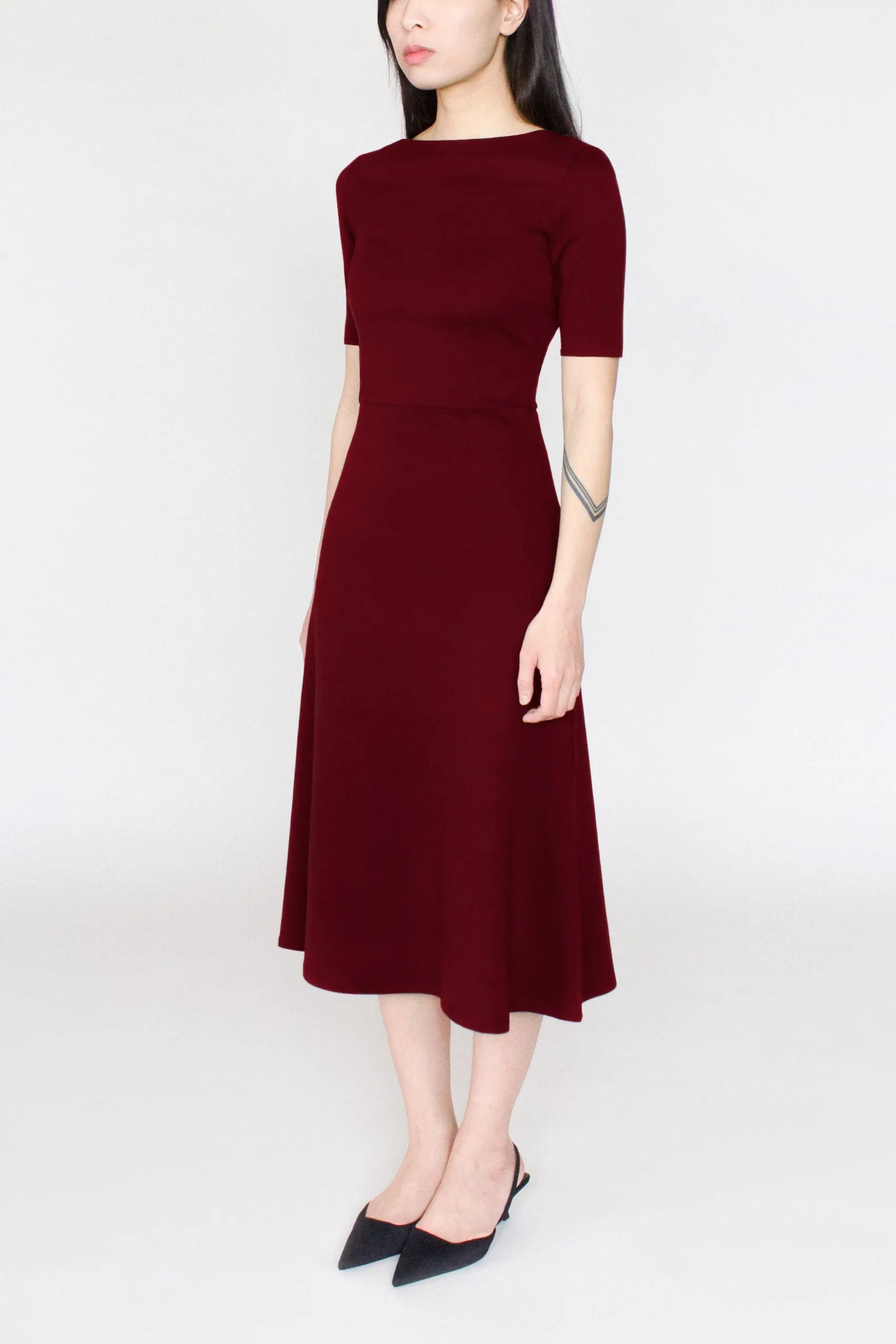 Half Sleeve BCI Cotton Boatneck Mid-calf Flared Dress -- Wine Red