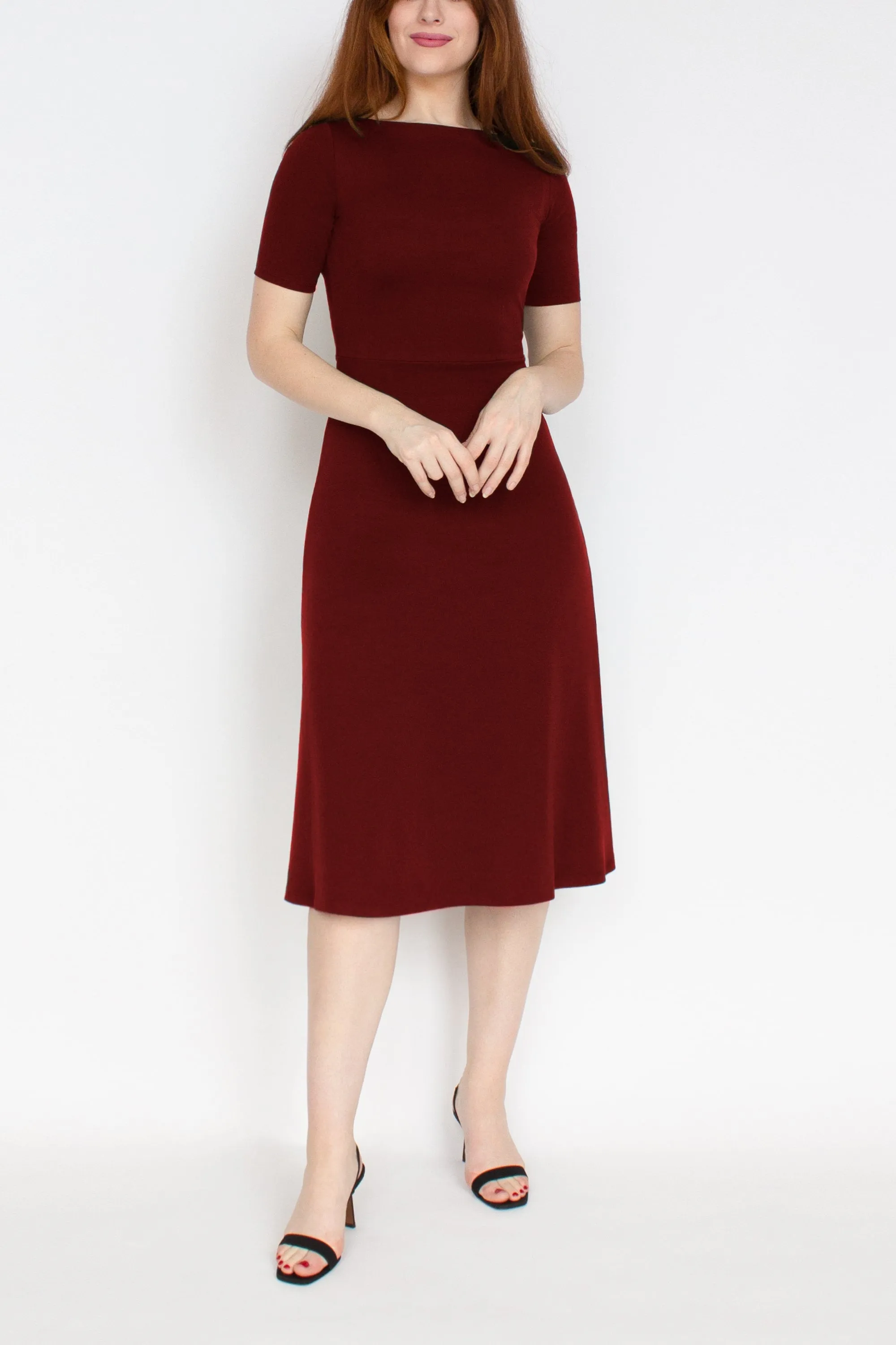 Half Sleeve BCI Cotton Boatneck Mid-calf Flared Dress -- Wine Red