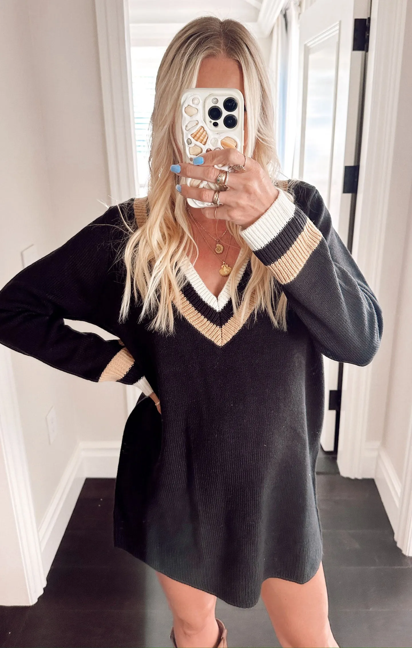 Hartford Sweater Dress ~ Black Varsity Stripe Knit