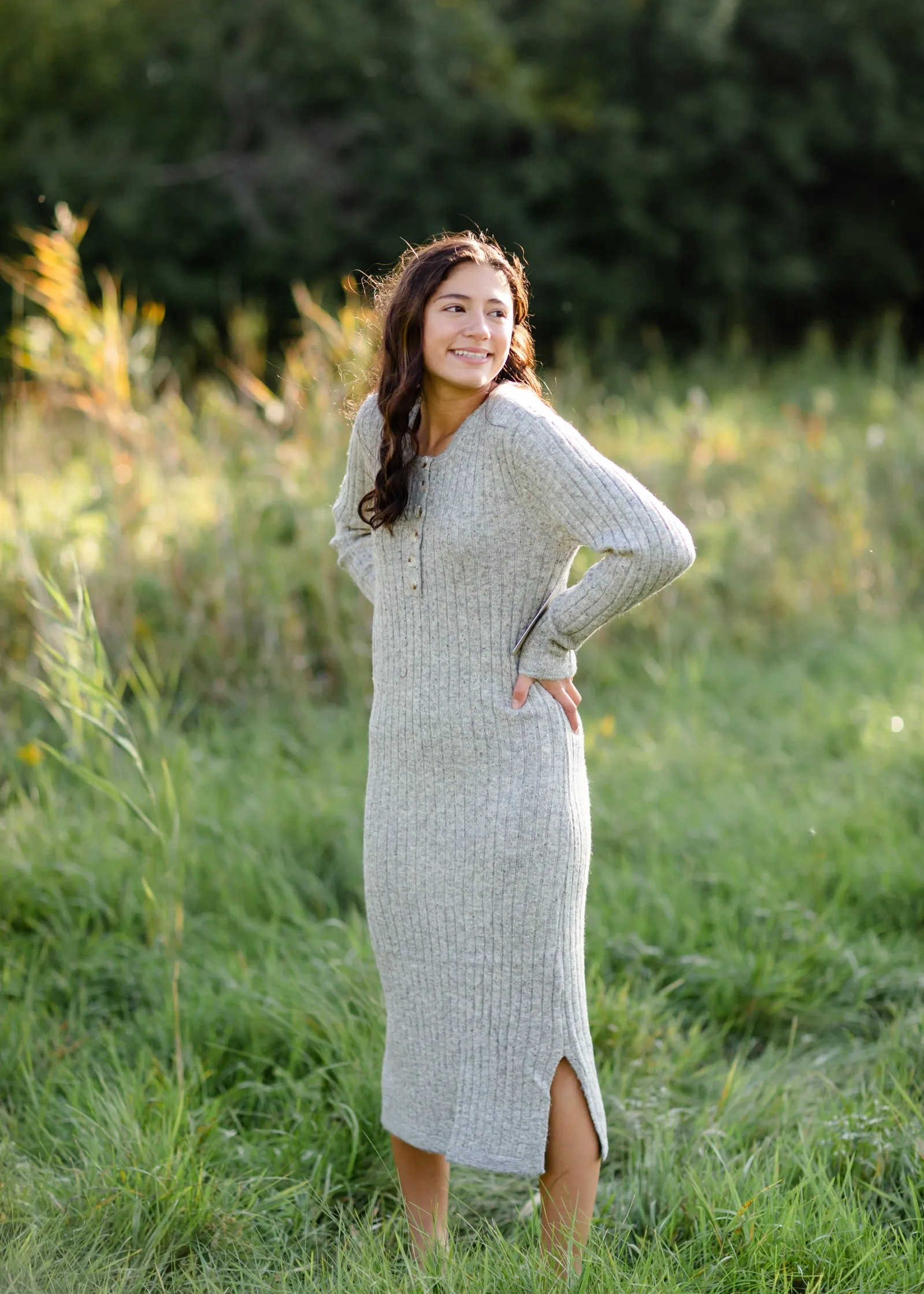 Henley Ribbed Sweater Midi Dress