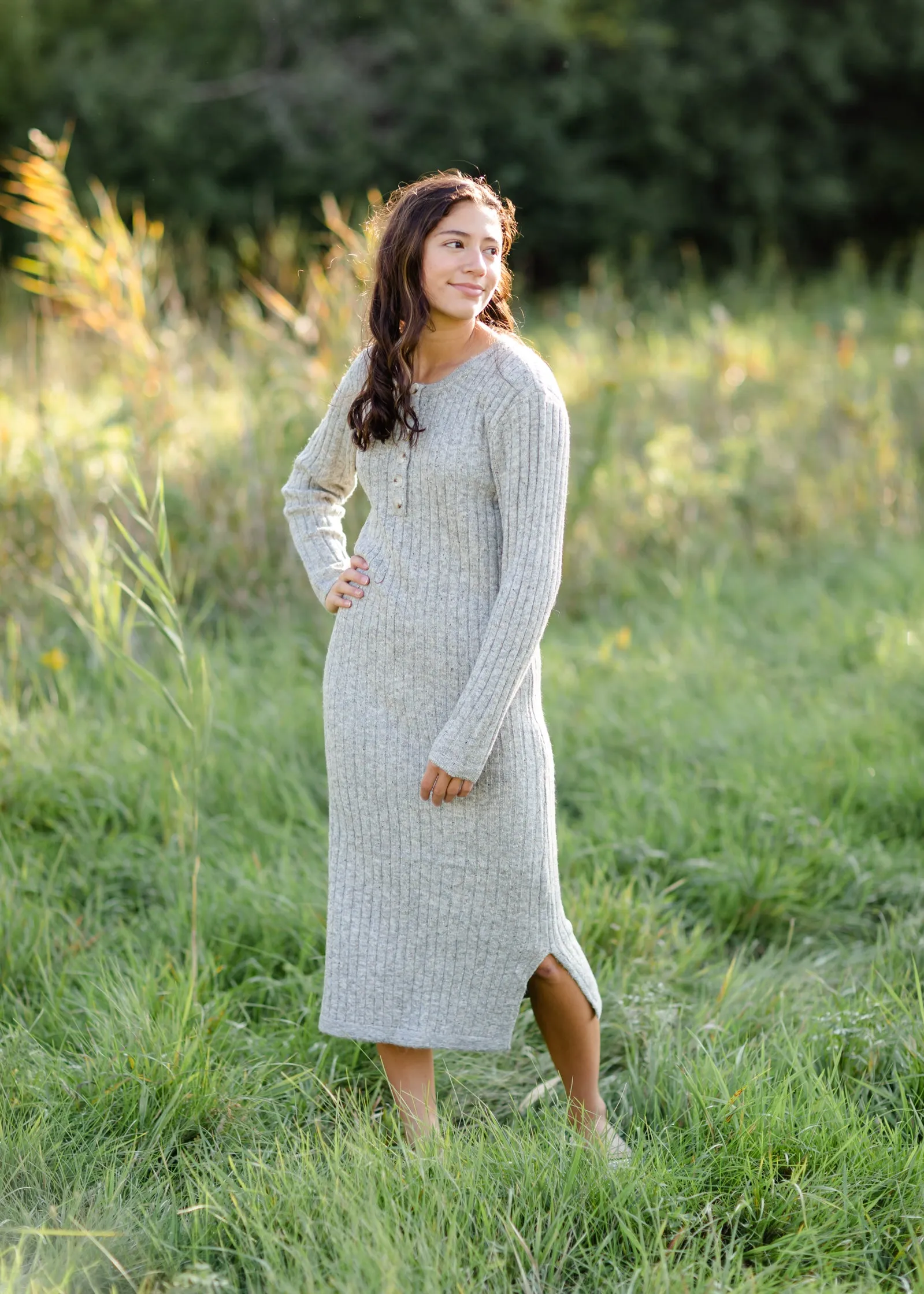 Henley Ribbed Sweater Midi Dress