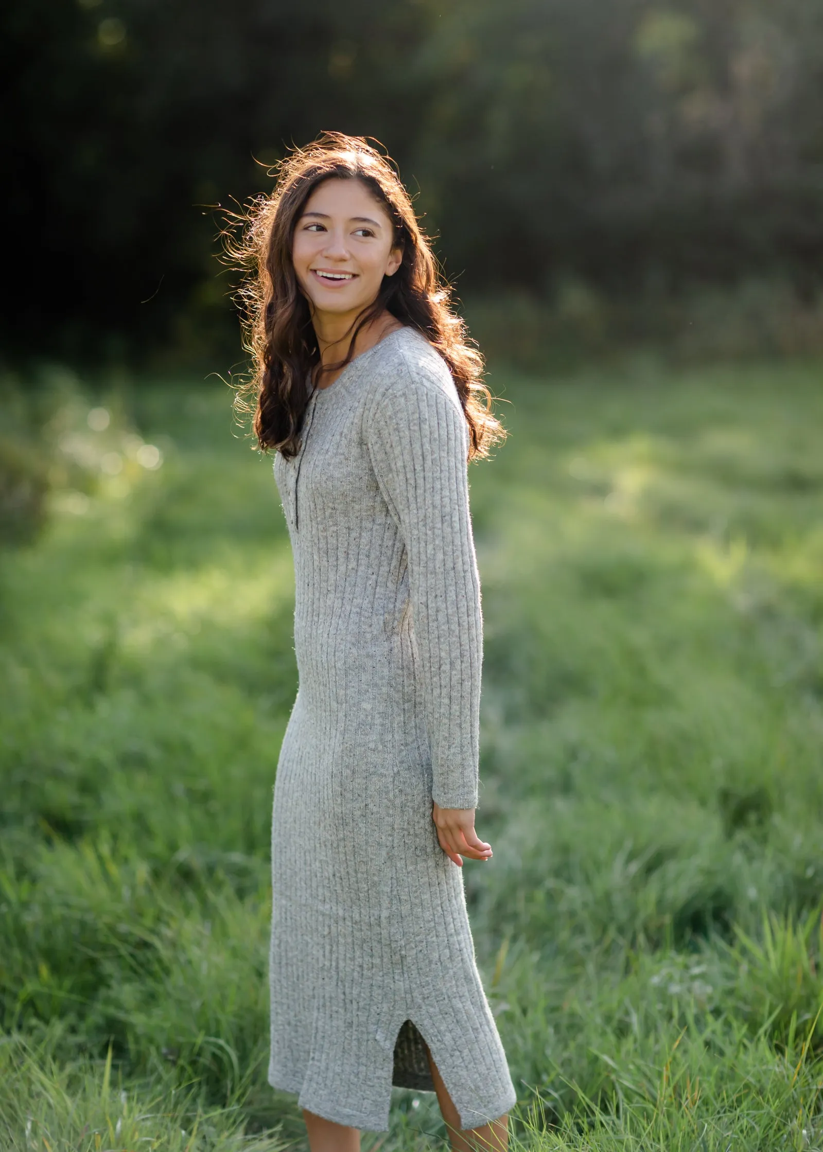 Henley Ribbed Sweater Midi Dress