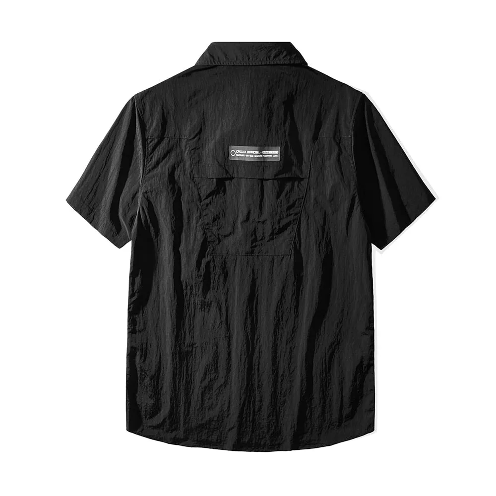 Hip Hop Tactical Cargo Shirts Men Summer Short Sleeve Pocket Function Shirt Coat Loose Harajuku Tops Black Techwear WB793