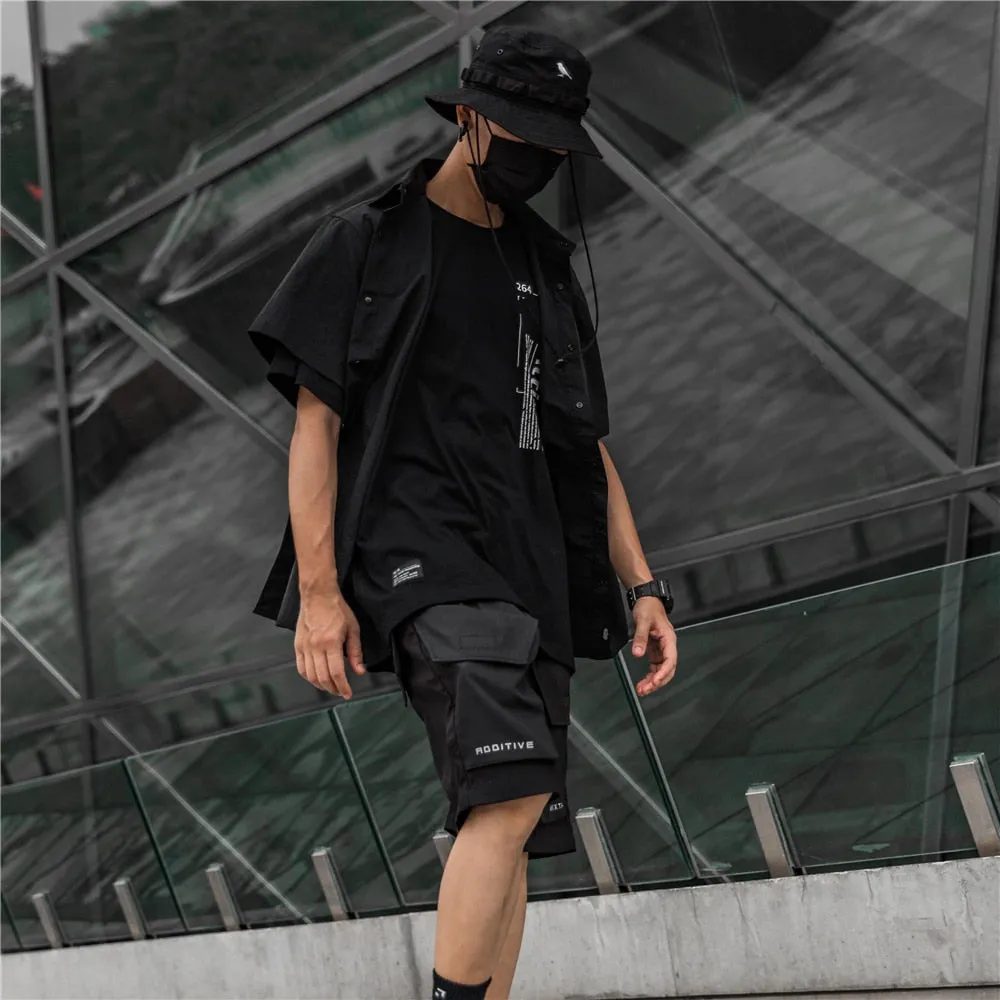 Hip Hop Tactical Cargo Shirts Men Summer Short Sleeve Pocket Function Shirt Coat Loose Harajuku Tops Black Techwear WB793