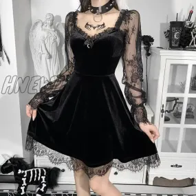 Hnewly InsDoit Goth Flare Sleeve Black Dress Women Aesthetic Velvet Vintage Lace Autumn Dress Off Shoulder Harajuku Elegant Party Dress Valentines Party