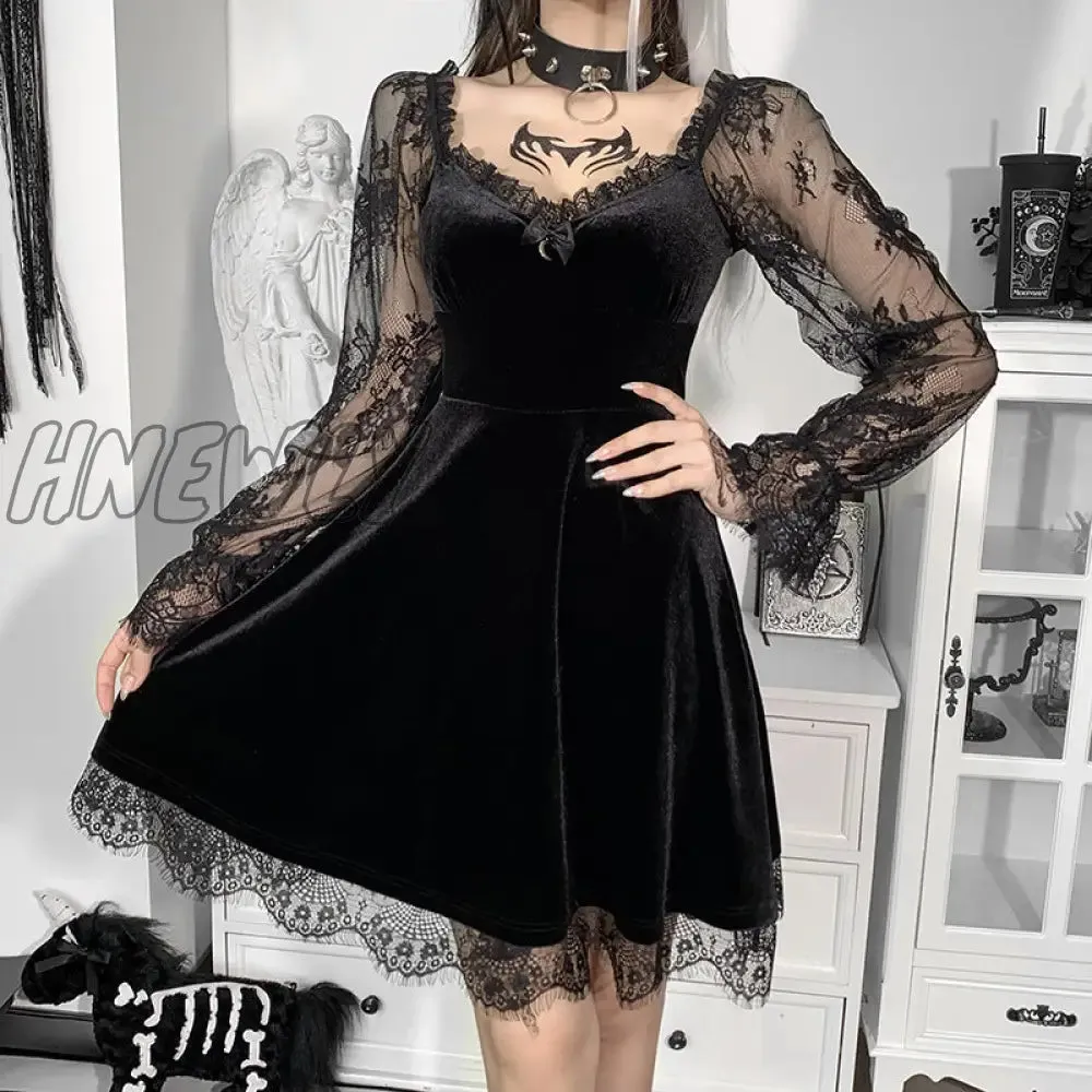 Hnewly InsDoit Goth Flare Sleeve Black Dress Women Aesthetic Velvet Vintage Lace Autumn Dress Off Shoulder Harajuku Elegant Party Dress Valentines Party