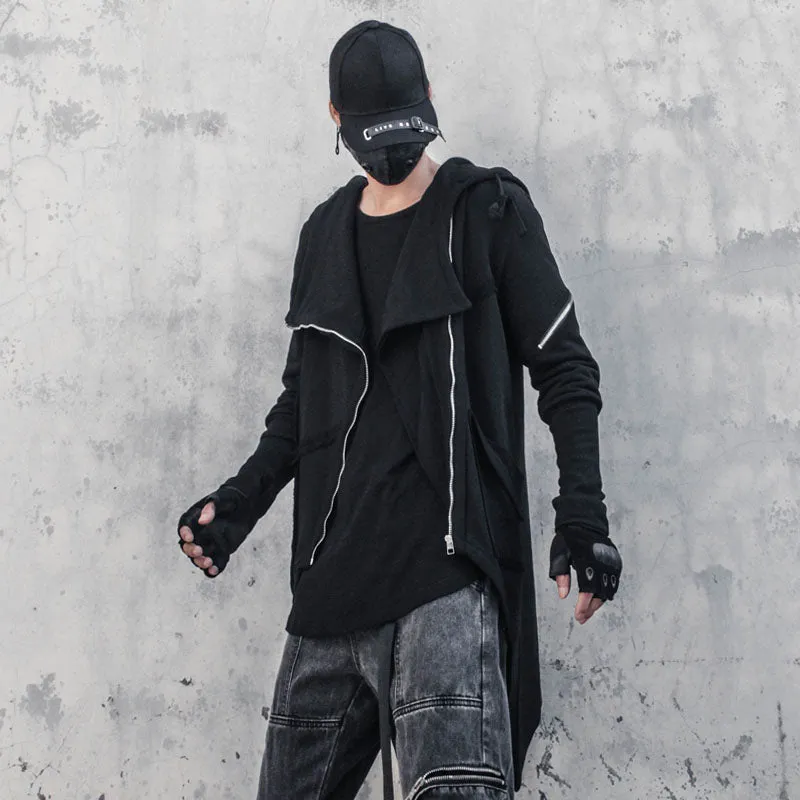 Irregular Asymmetric Cut Design Hoodie Sweatshirt Autumn Men Harajuku Hoodies Zipper Coat Hip Hop Streetwear Black Clothes