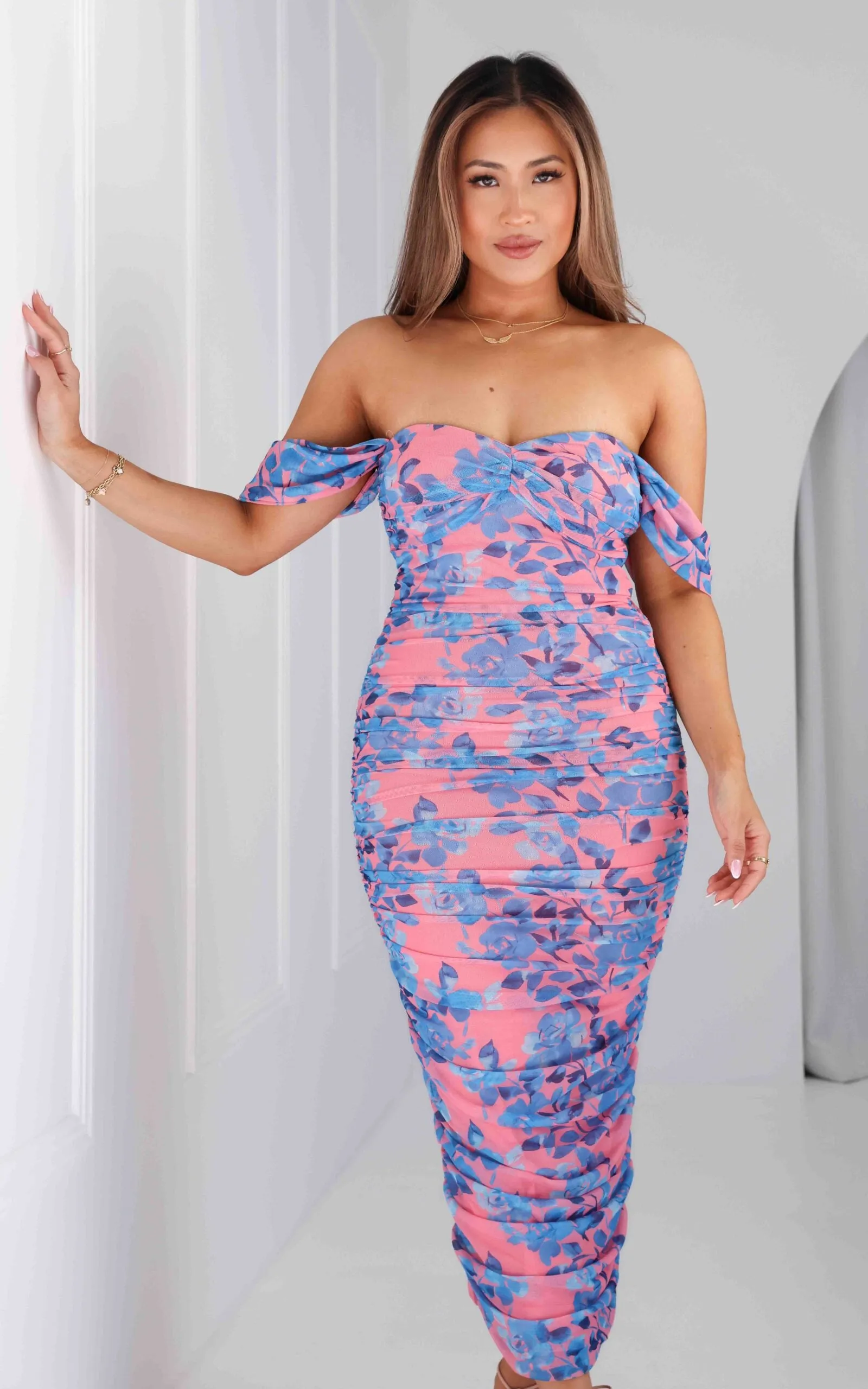 Jalvina Mesh Midi Dress - Pink Blue Floral