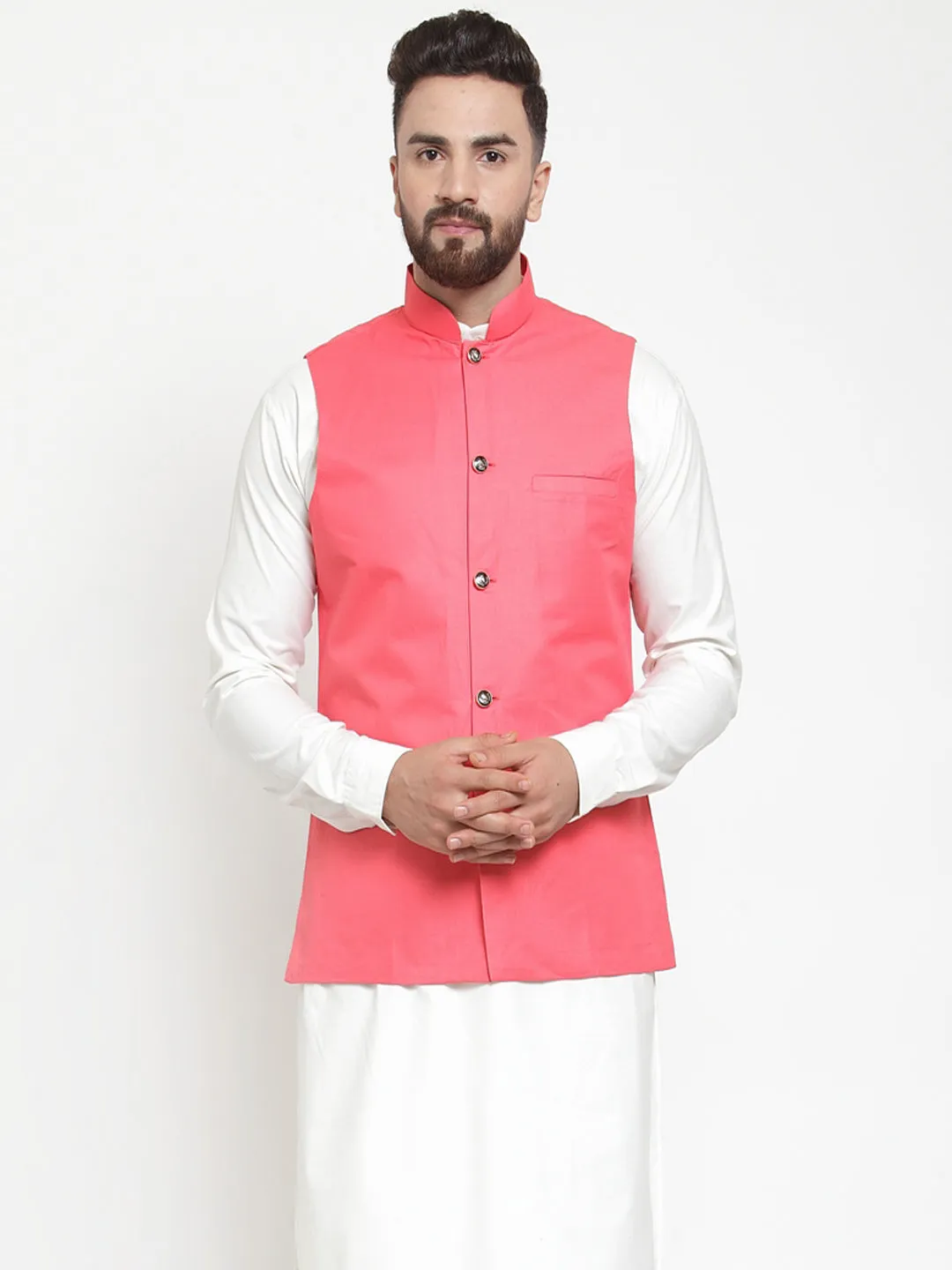 Jashvi Men Peach Solid Nehru Jacket