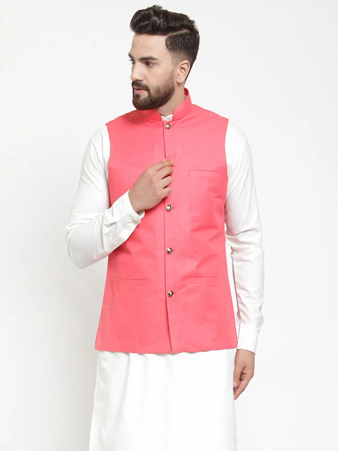 Jashvi Men Peach Solid Nehru Jacket