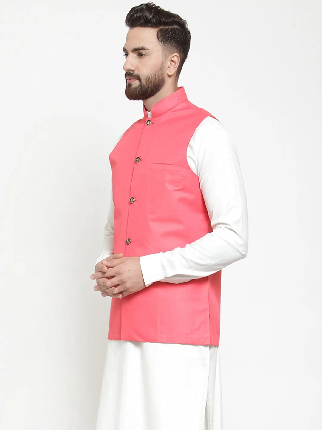 Jashvi Men Peach Solid Nehru Jacket