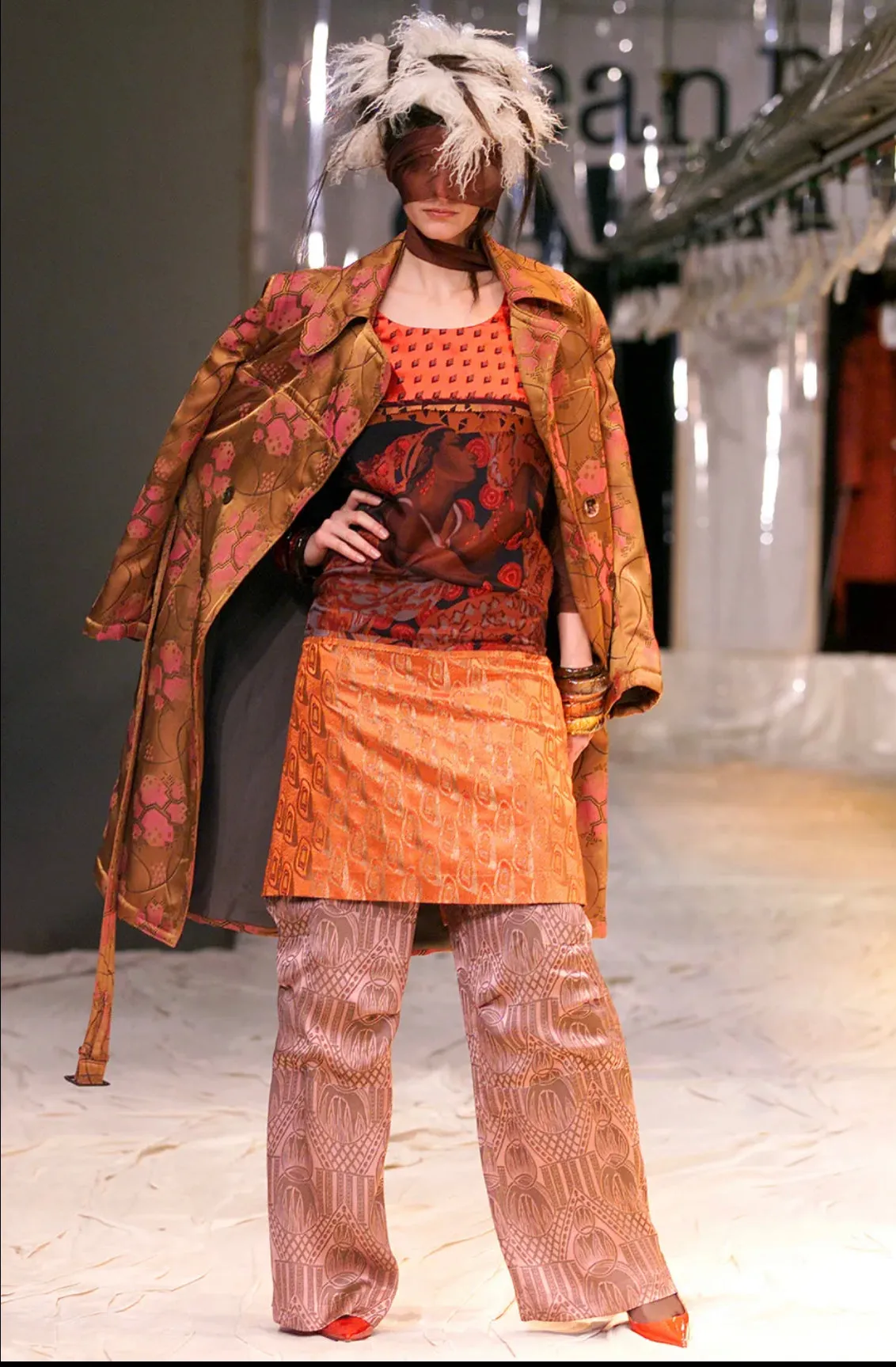 Jean Paul Gaultier Vintage AW 2002 Orange Black Abstract Pattern Strapless Tube Dress & Shirt Jacket Ensemble