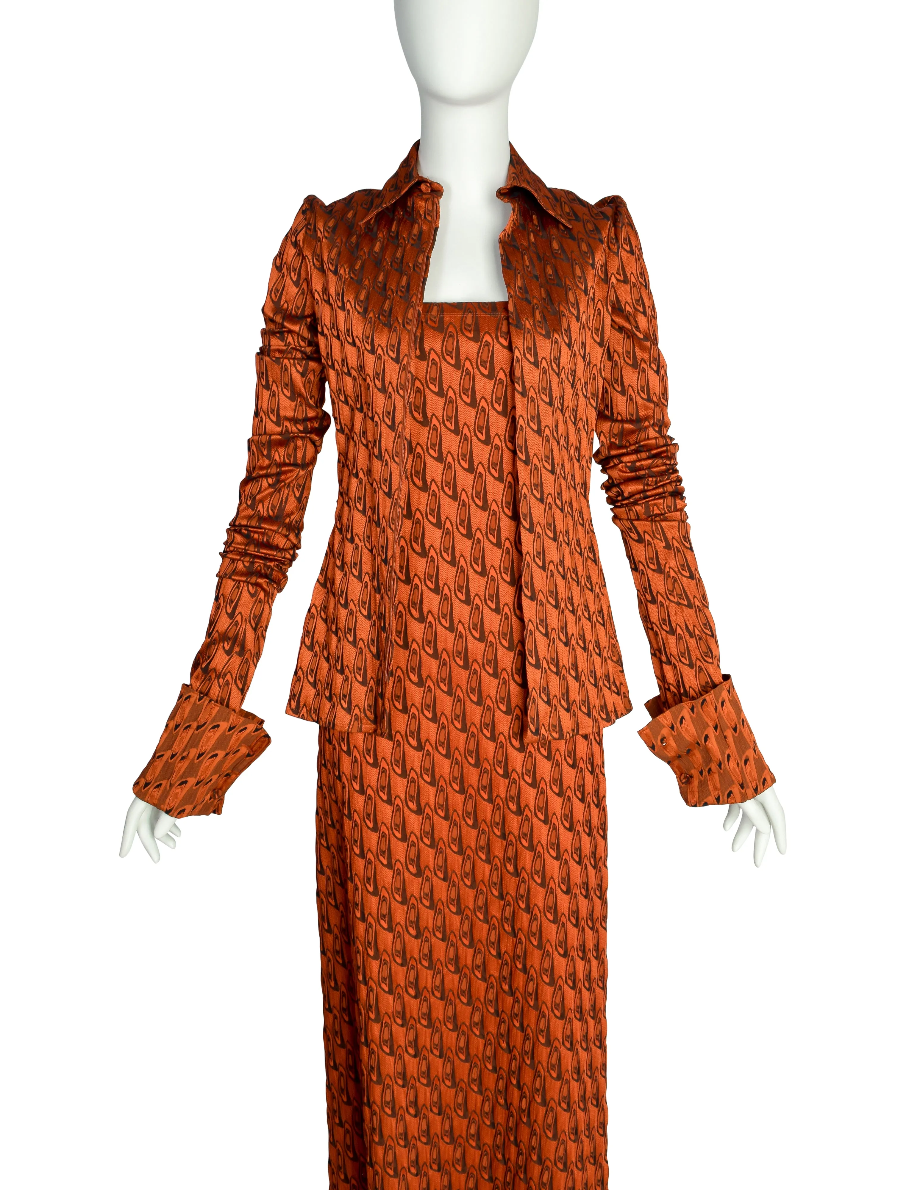 Jean Paul Gaultier Vintage AW 2002 Orange Black Abstract Pattern Strapless Tube Dress & Shirt Jacket Ensemble