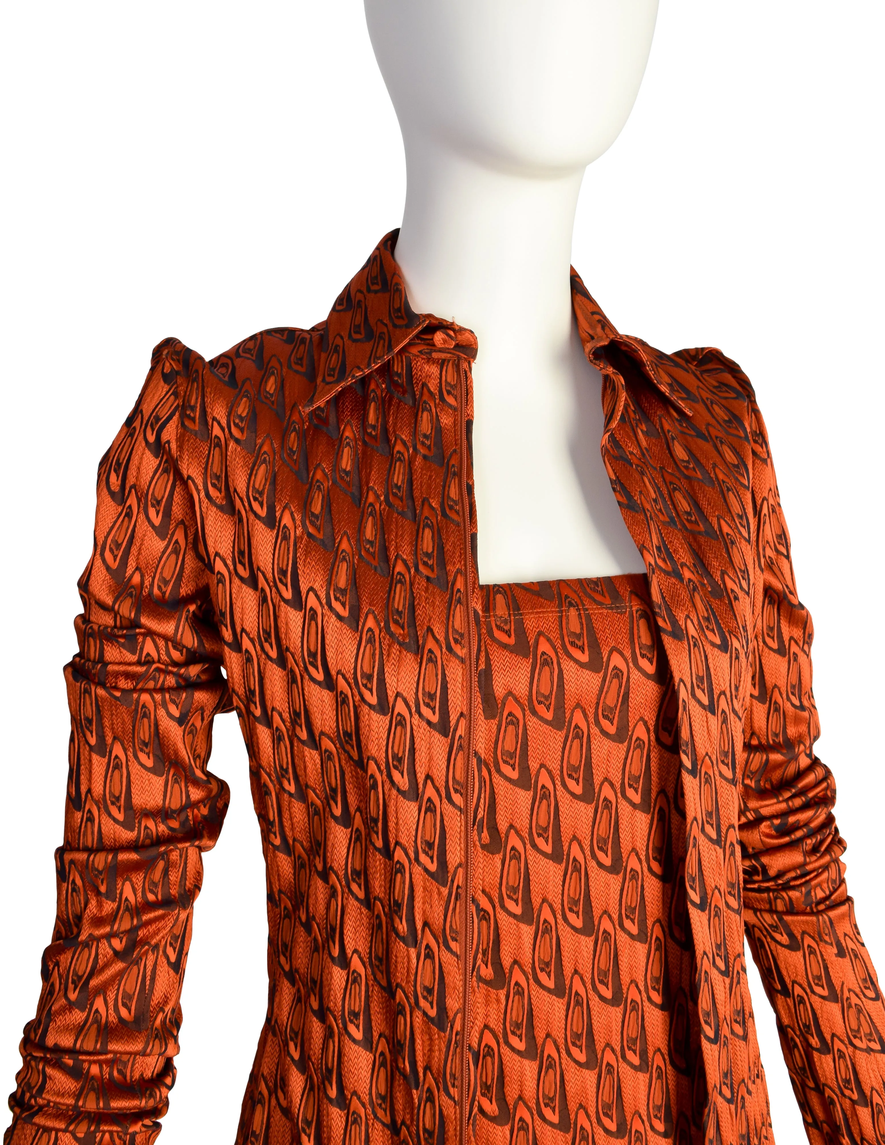 Jean Paul Gaultier Vintage AW 2002 Orange Black Abstract Pattern Strapless Tube Dress & Shirt Jacket Ensemble