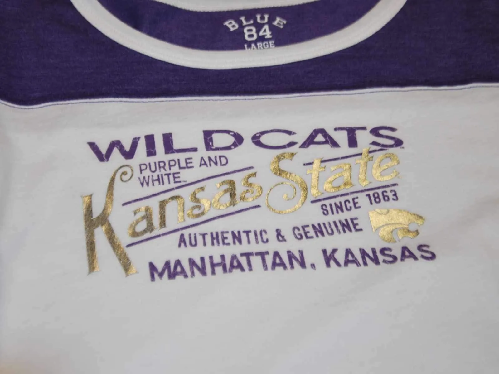 Kansas State Wildcats Blue 84 1/4 Sleeve Metallic Silver Text Womens White Shirt