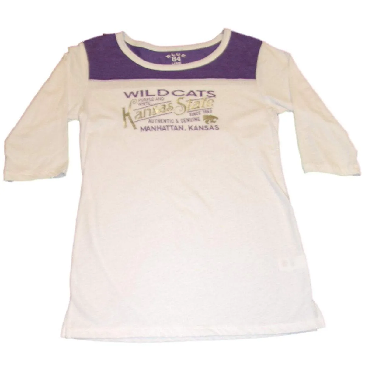 Kansas State Wildcats Blue 84 1/4 Sleeve Metallic Silver Text Womens White Shirt