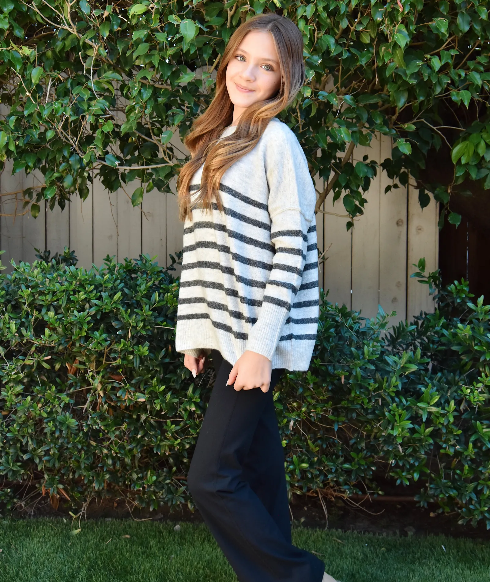 Katie J NYC Juniors Grey Striped Nellie Sweater