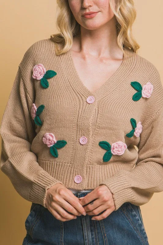 Khaki Mid Cropped Flower Cardigan