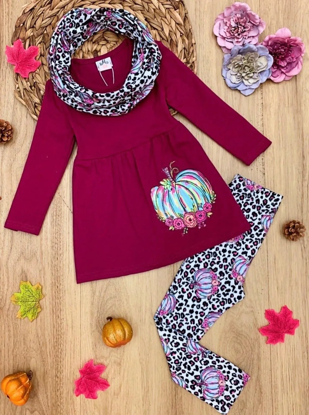 Leopardlicious Pumpkin Tunic, Leggings and Scarf Set