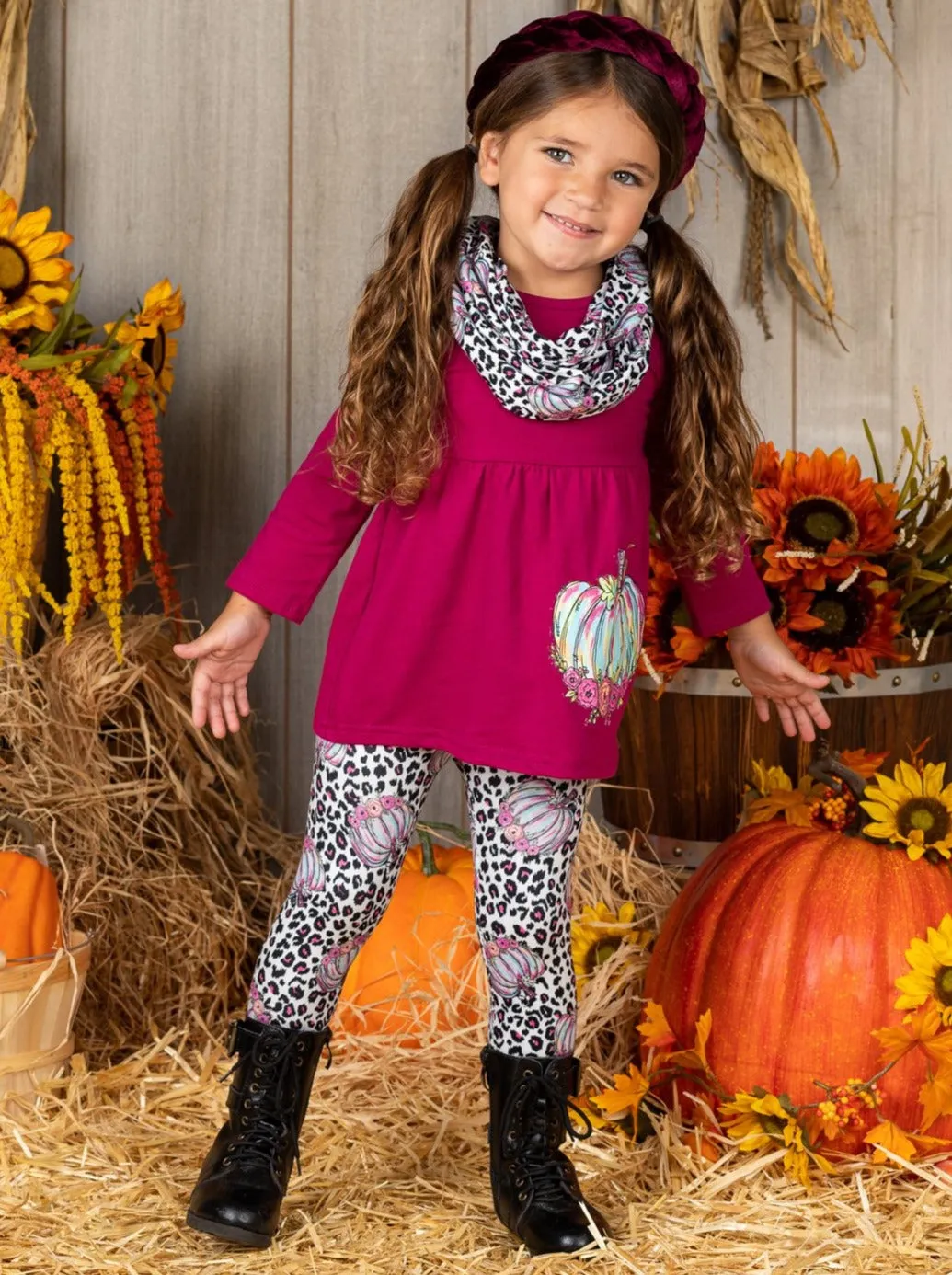 Leopardlicious Pumpkin Tunic, Leggings and Scarf Set