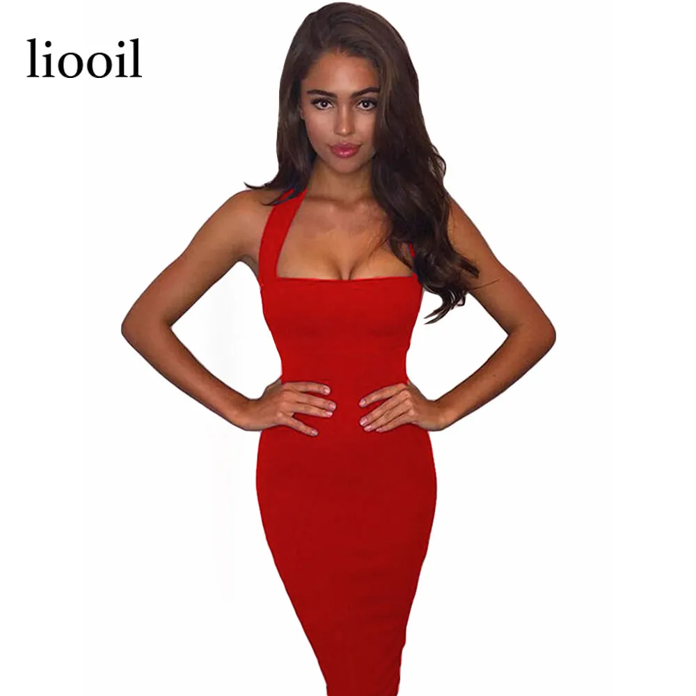 Liooil Sexy Summer Dress Woman's Fashion 2017 Sleeveless Backless Strapless Black White Red Blue Bodycon Midi Party Dresses