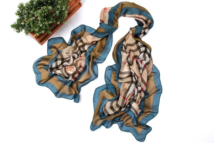 Long Chiffon Scarf Navy and Brown Theme Plaid Print CHL113