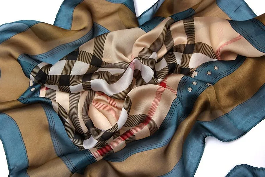 Long Chiffon Scarf Navy and Brown Theme Plaid Print CHL113