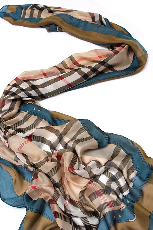 Long Chiffon Scarf Navy and Brown Theme Plaid Print CHL113