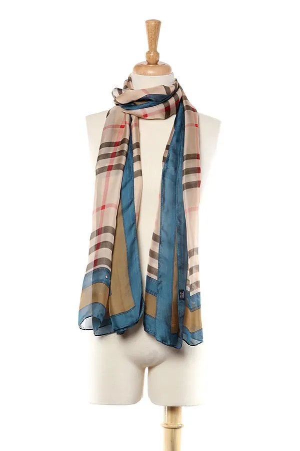 Long Chiffon Scarf Navy and Brown Theme Plaid Print CHL113