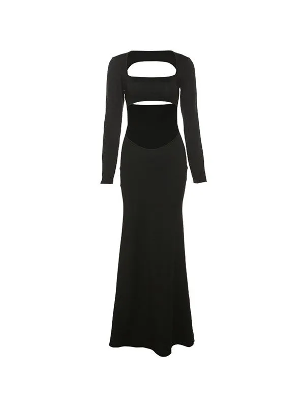 Long Sleeve Cutout Black Maxi Dress