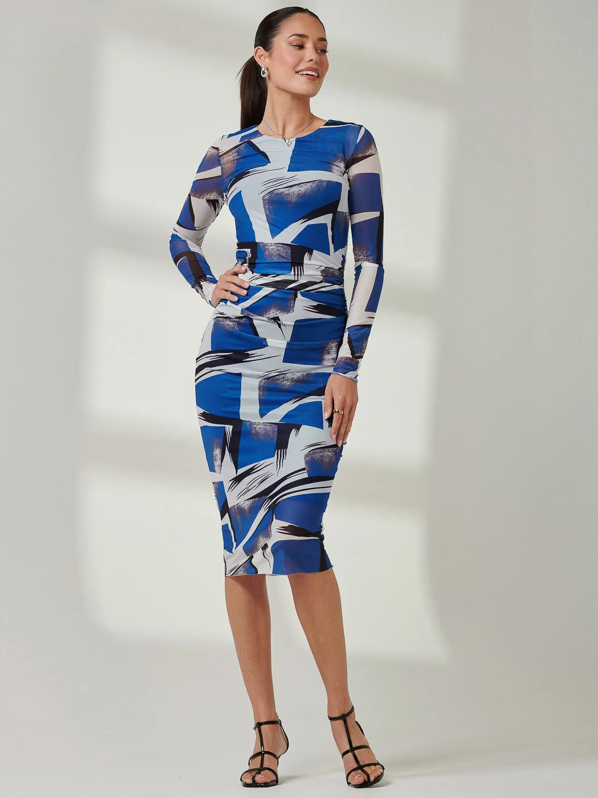 Long Sleeve Mesh Bodycon Maxi Dress, Blue Abstract