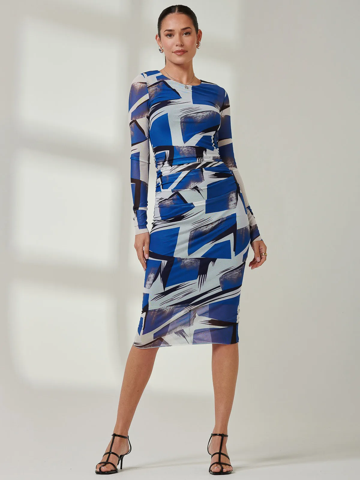 Long Sleeve Mesh Bodycon Maxi Dress, Blue Abstract